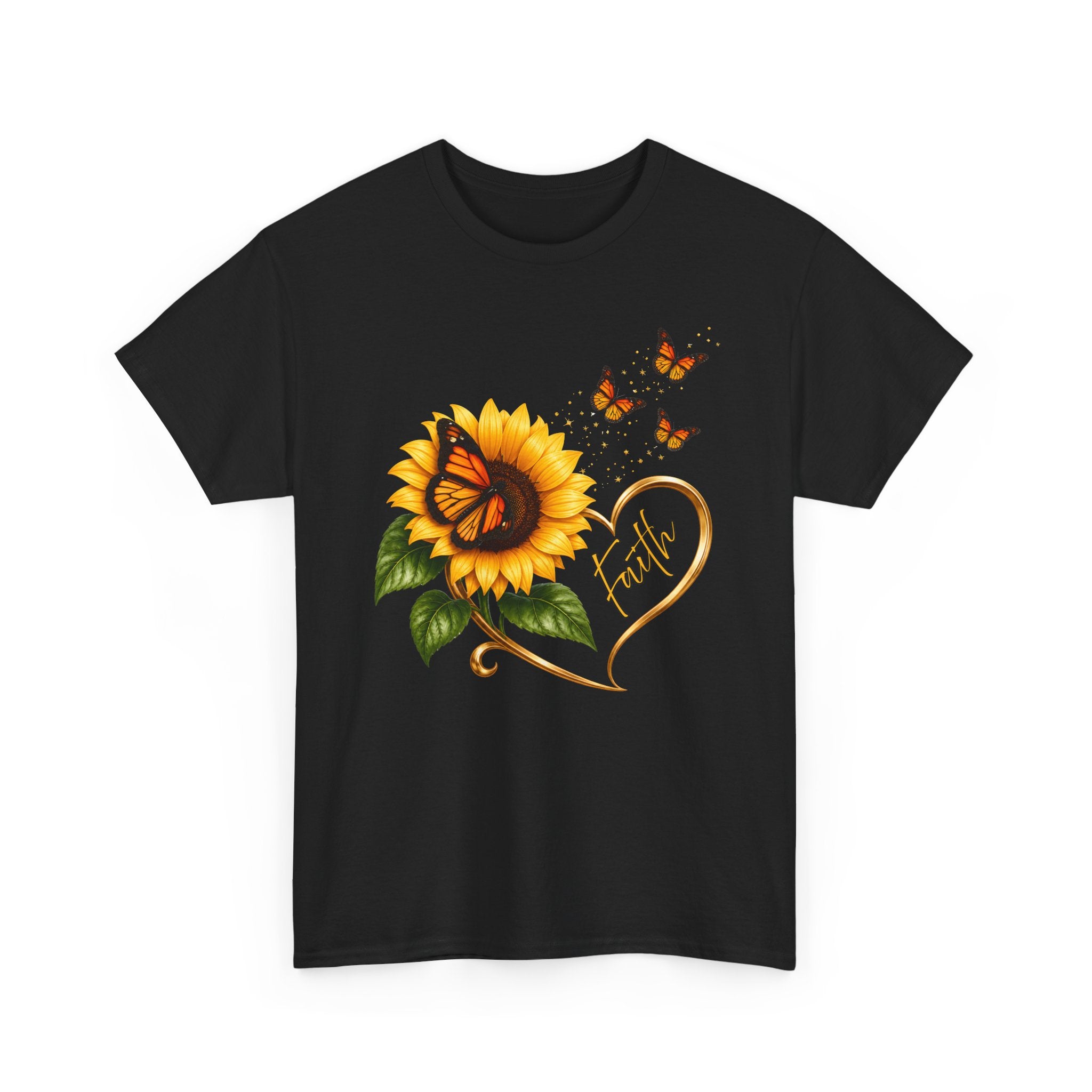 Sunflower & Monarch Butterfly Tee with "Faith" Heart — Inspirational Floral T-Shirt
