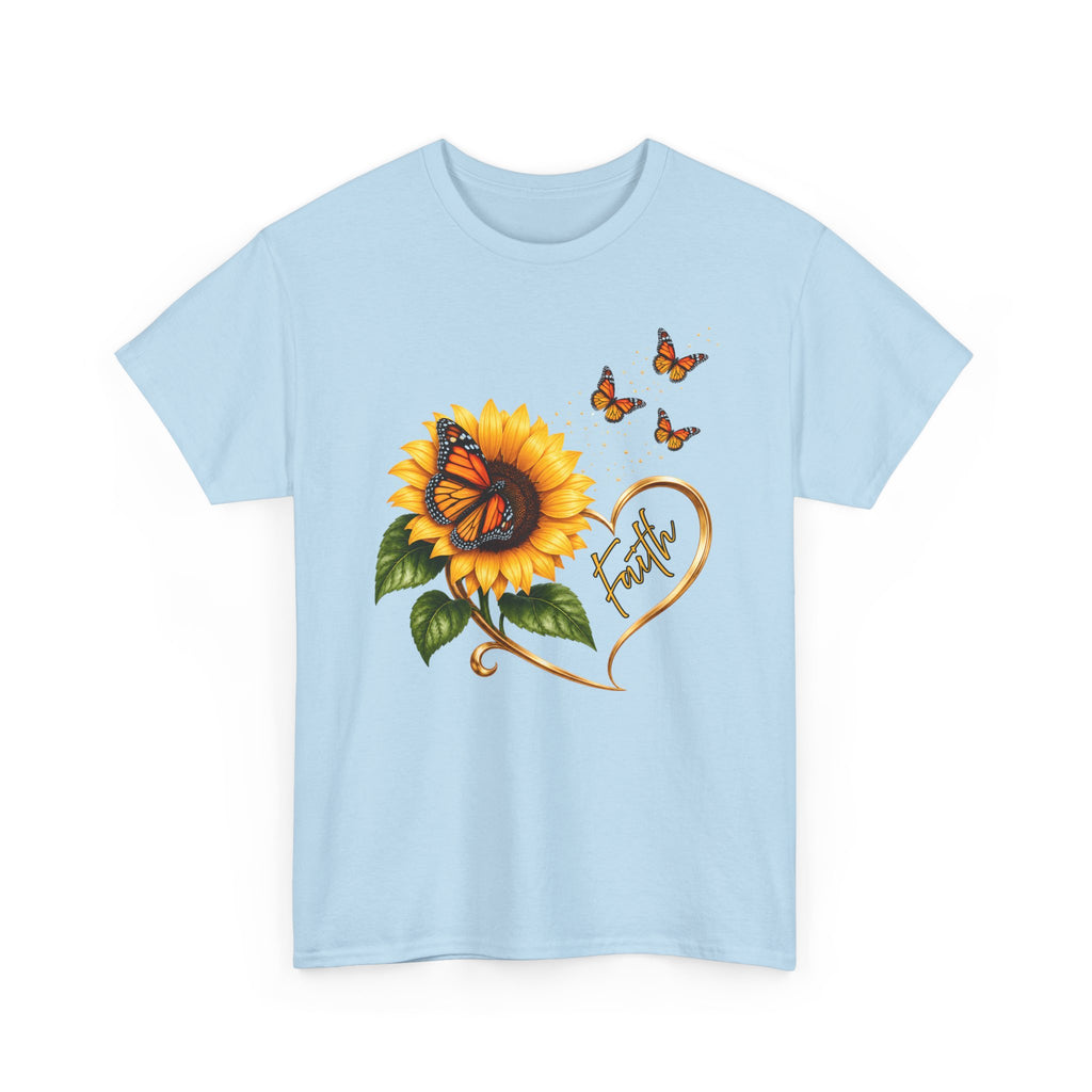 Sunflower & Monarch Butterfly Tee with "Faith" Heart — Inspirational Floral T-Shirt