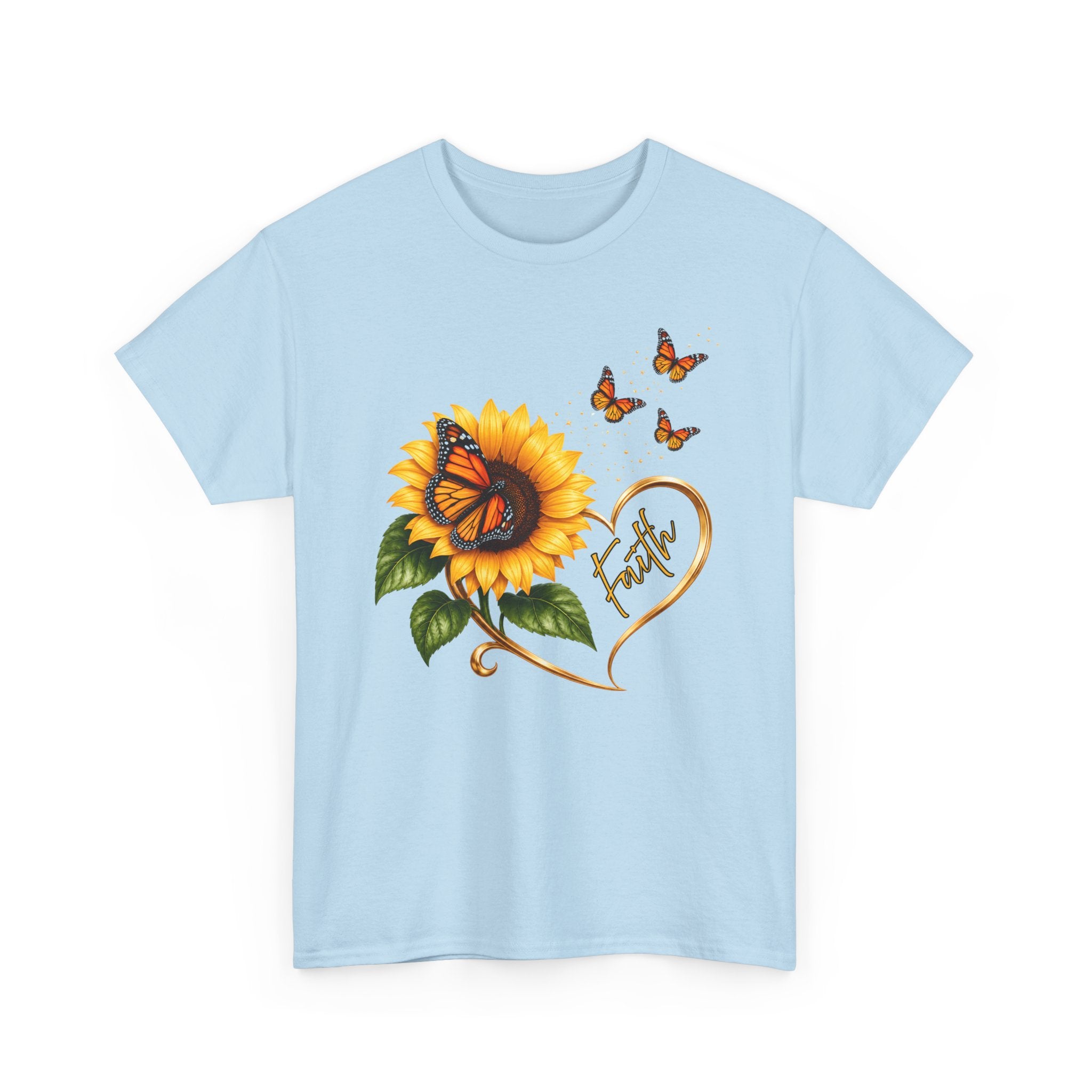 Sunflower & Monarch Butterfly Tee with "Faith" Heart — Inspirational Floral T-Shirt