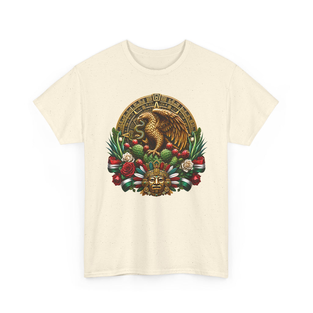 Aztec Eagle Crest T-Shirt — Mexican Heritage Calendar & Floral Graphic Tee