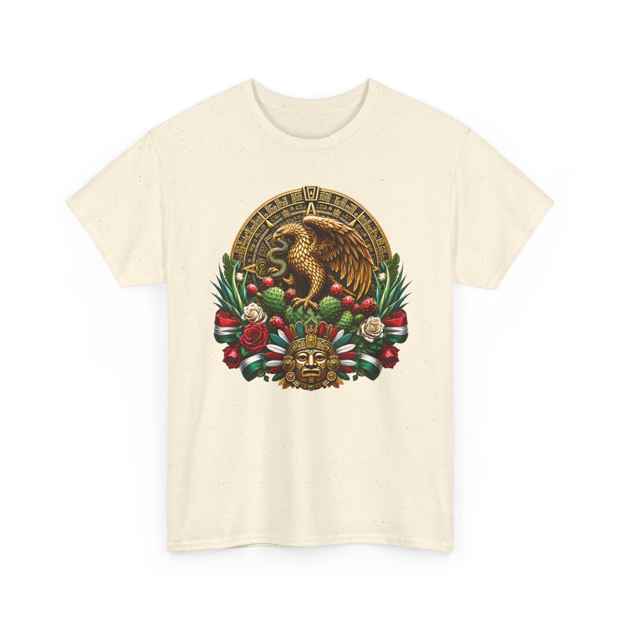 Aztec Eagle Crest T-Shirt — Mexican Heritage Calendar & Floral Graphic Tee