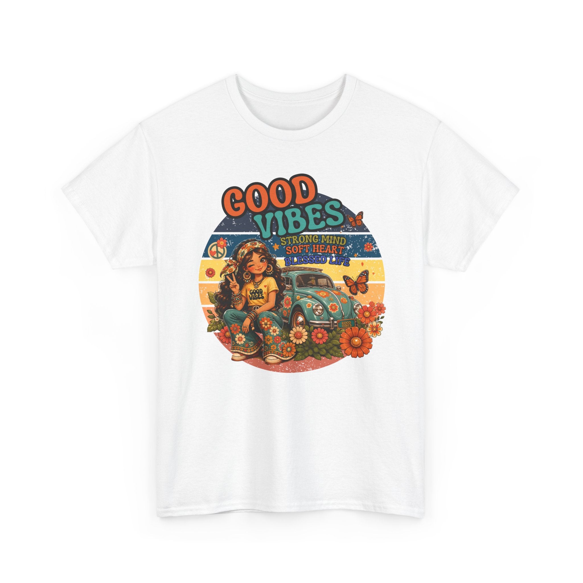 Good Vibes Vintage Tee – Retro Hippie Car & Flowers Graphic T‑Shirt