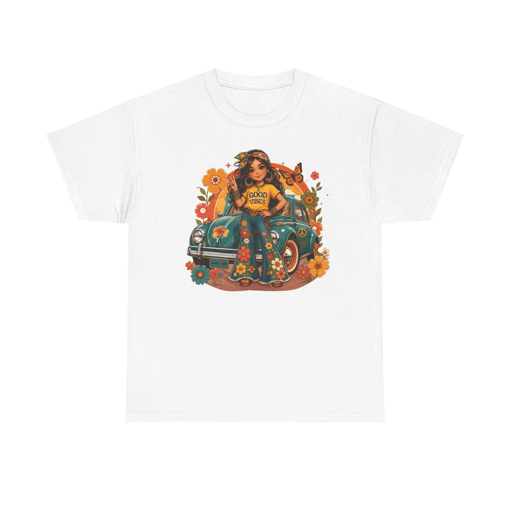 Vintage Floral Hippie Tee – "Good Vibes" Girl in Classic Car