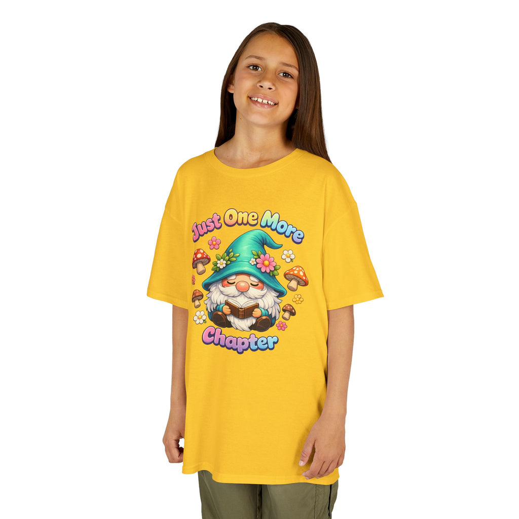Kids Tee — "Just One More Chapter" Cute Mushroom Gnome Reading Shirt