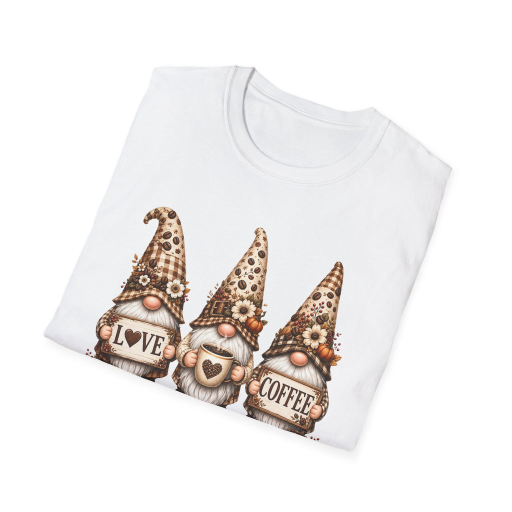Coffee Gnome Trio T‑Shirt — Love Coffee Cute Autumn Gnomes Graphic Tee
