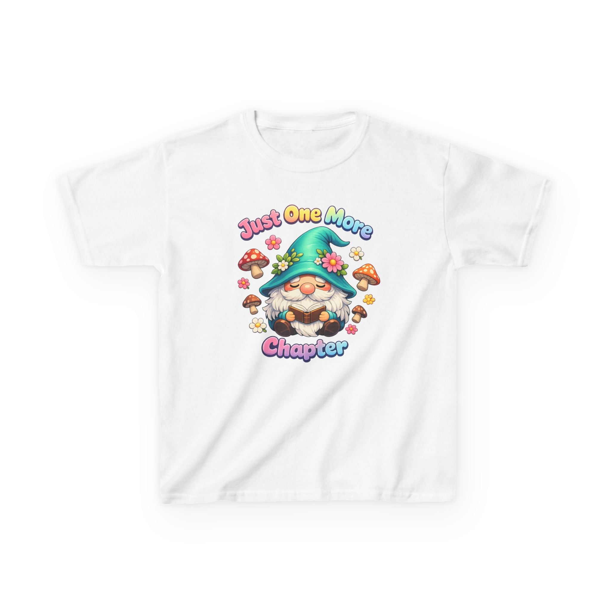 Kids Tee — "Just One More Chapter" Cute Mushroom Gnome Reading Shirt
