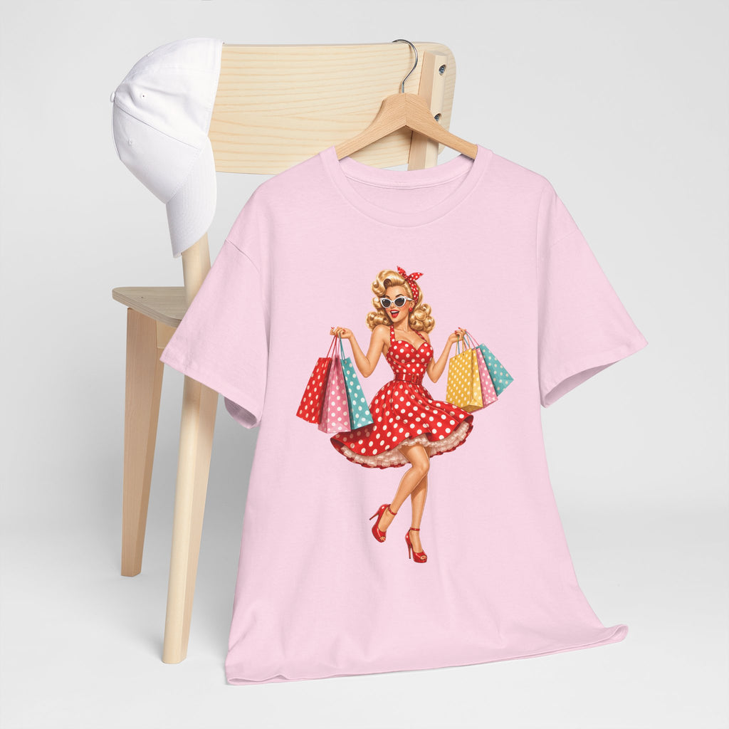Pinup Shopper Graphic Tee — Retro 1950s Vintage Woman with Shopping Bags