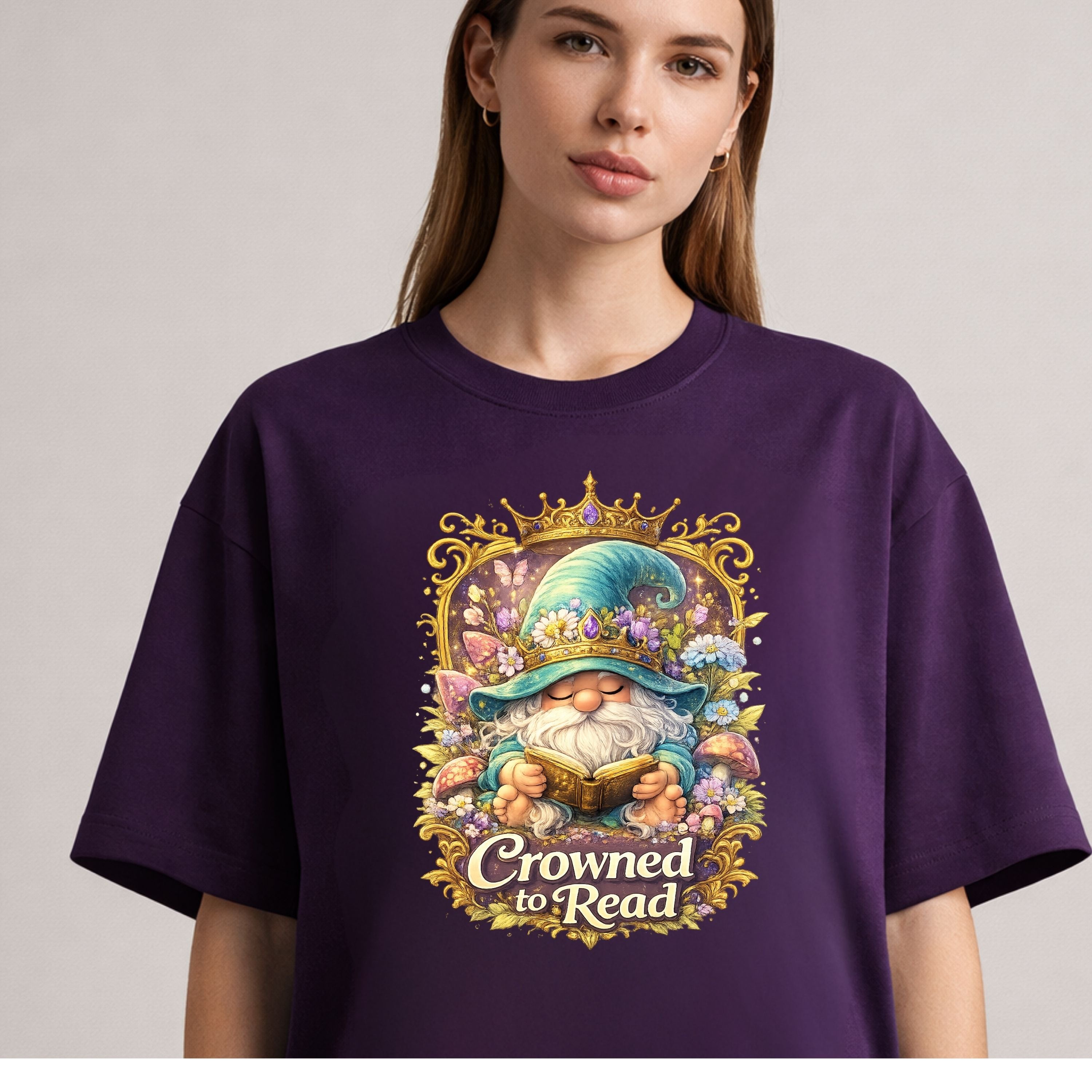 Reading Gnome T-Shirt — "Crowned to Read" Cute Fantasy Book Lover Tee