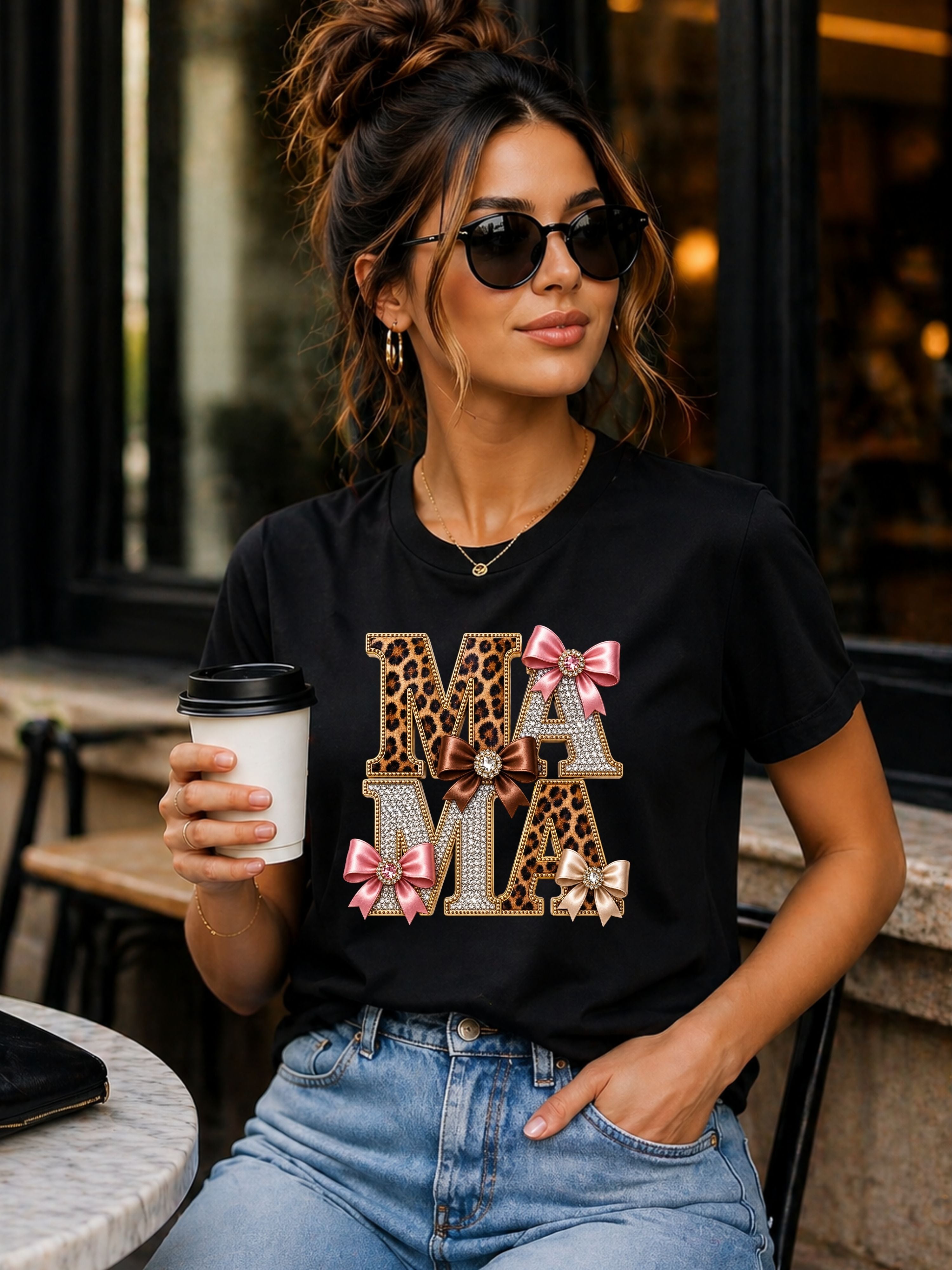 Mama Leopard & Bow T-Shirt — Sparkle Rhinestone Floral Mom Tee