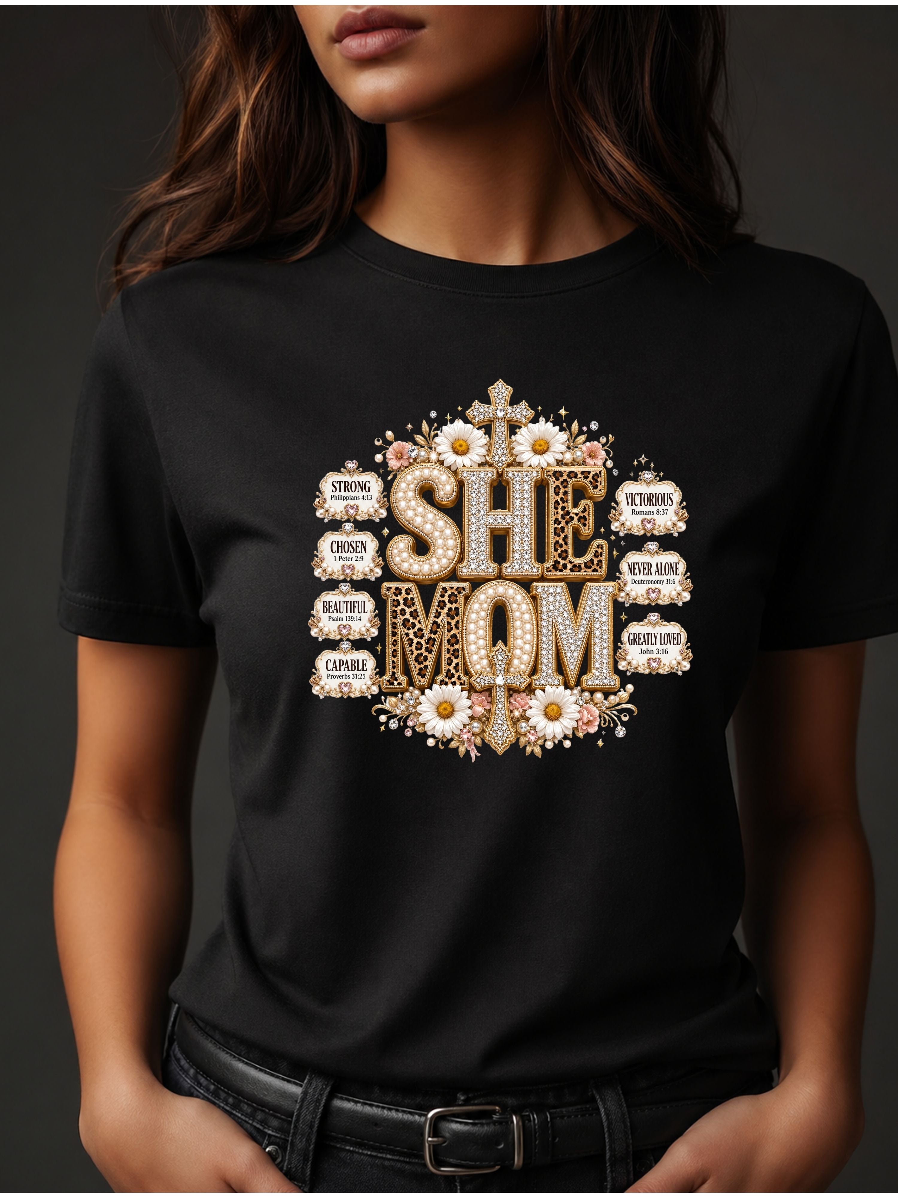 She Mom Floral Leopard Cross T‑Shirt — Mother’s Day Christian Mama Tee