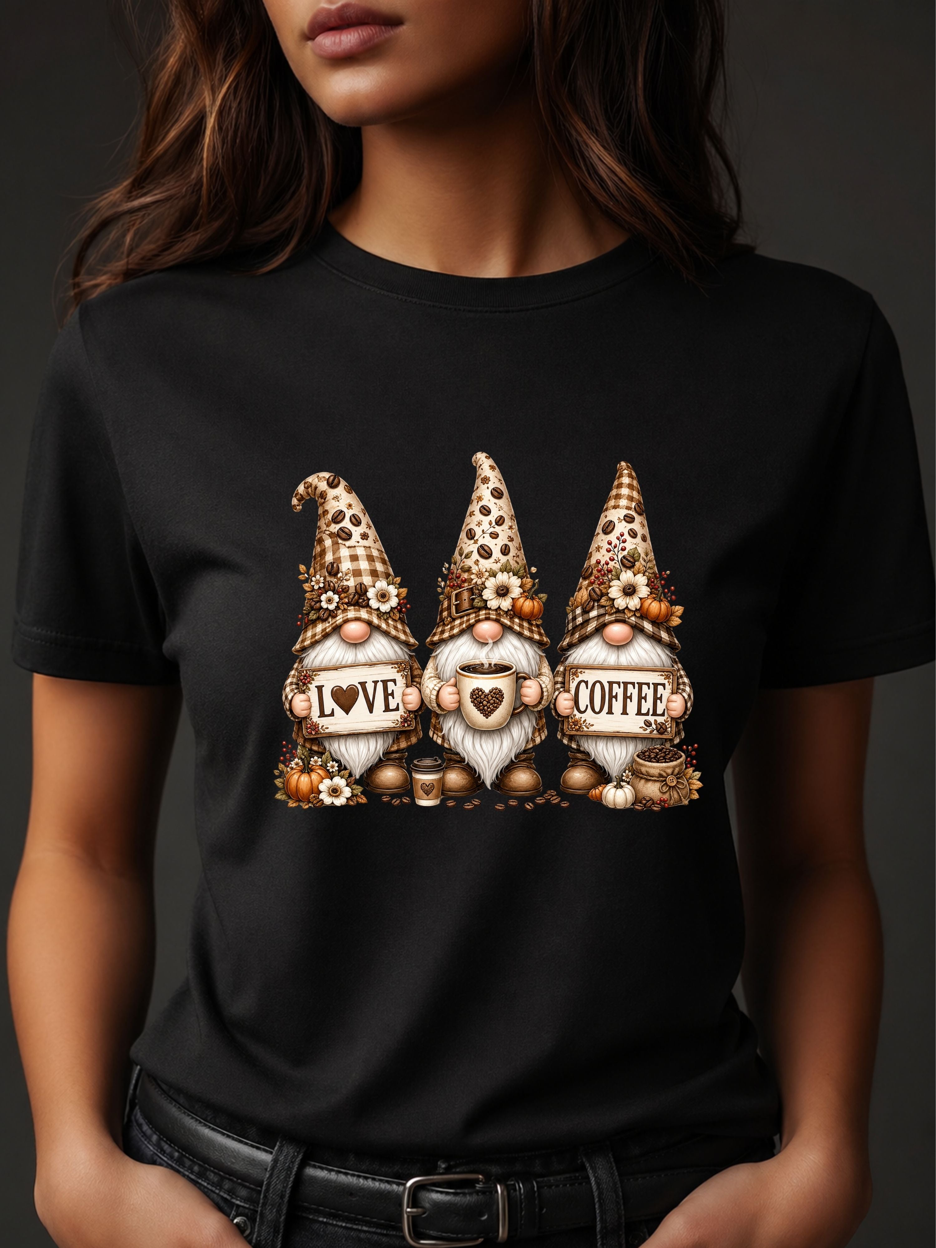 Coffee Gnome Trio T‑Shirt — Love Coffee Cute Autumn Gnomes Graphic Tee