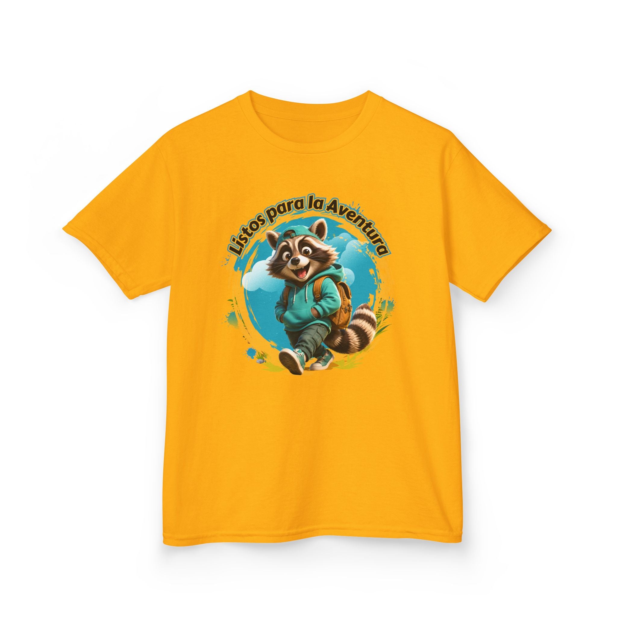 Kids Tee — "Listos para la Aventura" Cute Raccoon Explorer Graphic