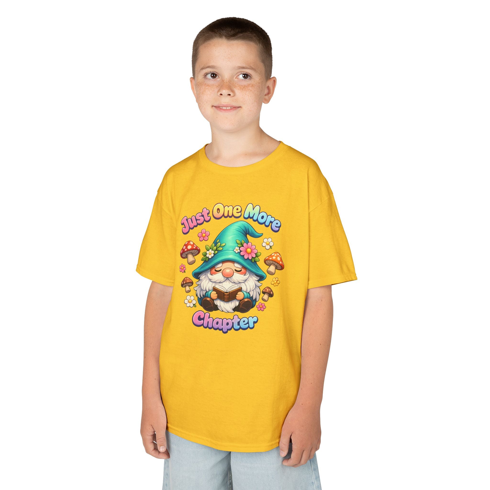Kids Tee — "Just One More Chapter" Cute Mushroom Gnome Reading Shirt