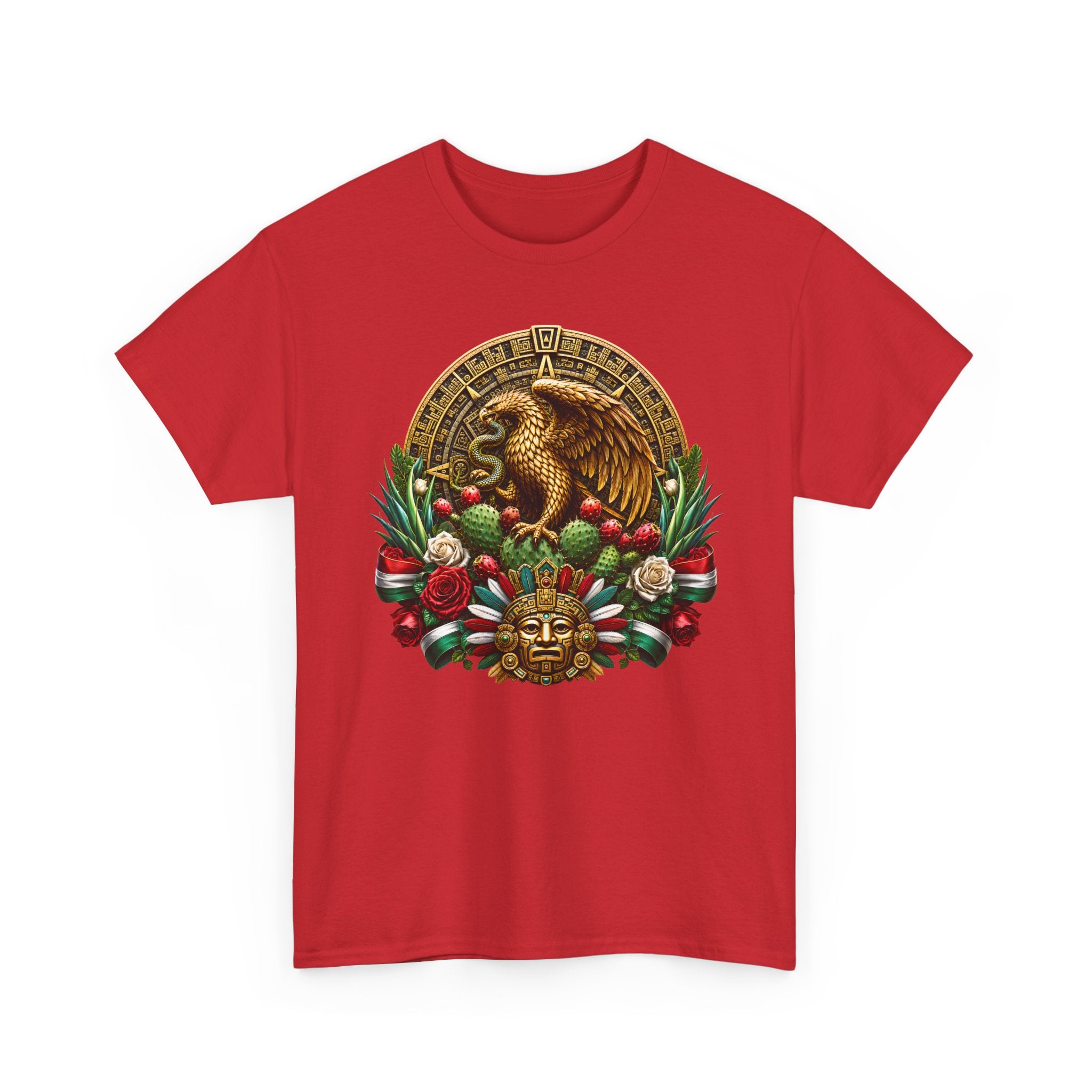 Aztec Eagle Crest T-Shirt — Mexican Heritage Calendar & Floral Graphic Tee