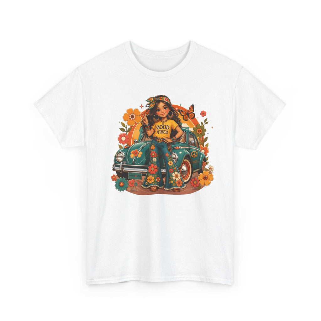 Vintage Floral Hippie Tee – "Good Vibes" Girl in Classic Car
