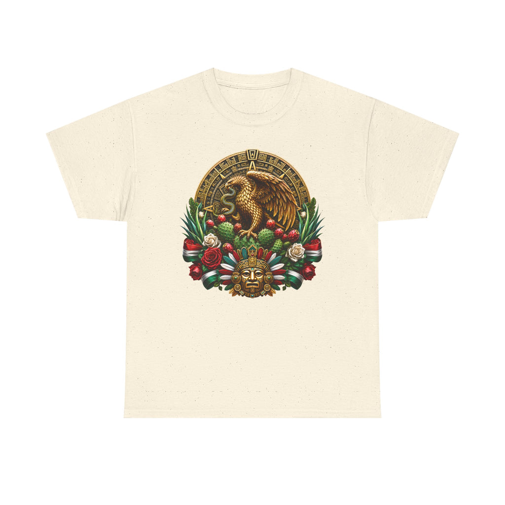 Aztec Eagle Crest T-Shirt — Mexican Heritage Calendar & Floral Graphic Tee