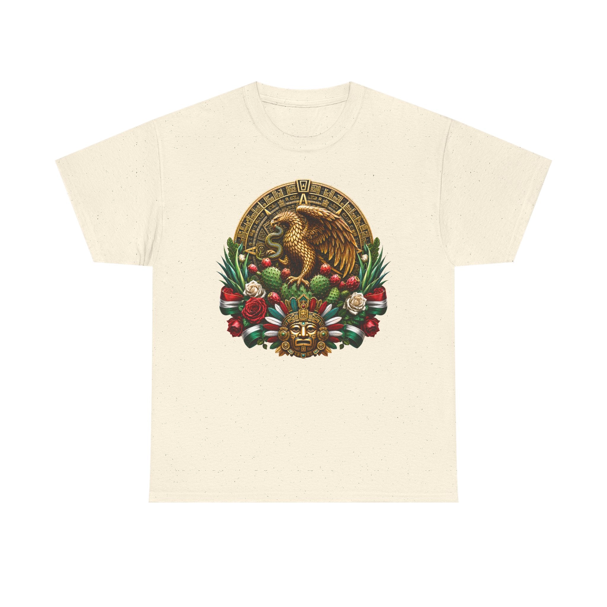 Aztec Eagle Crest T-Shirt — Mexican Heritage Calendar & Floral Graphic Tee