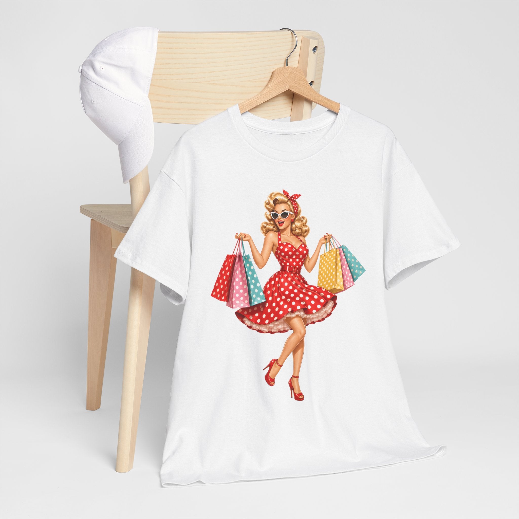 Pinup Shopper Graphic Tee — Retro 1950s Vintage Woman with Shopping Bags