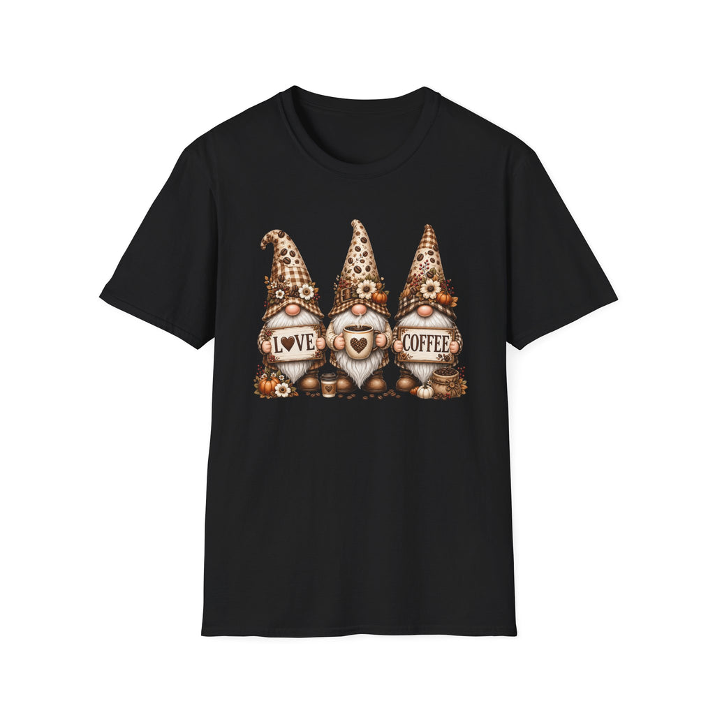 Coffee Gnome Trio T‑Shirt — Love Coffee Cute Autumn Gnomes Graphic Tee