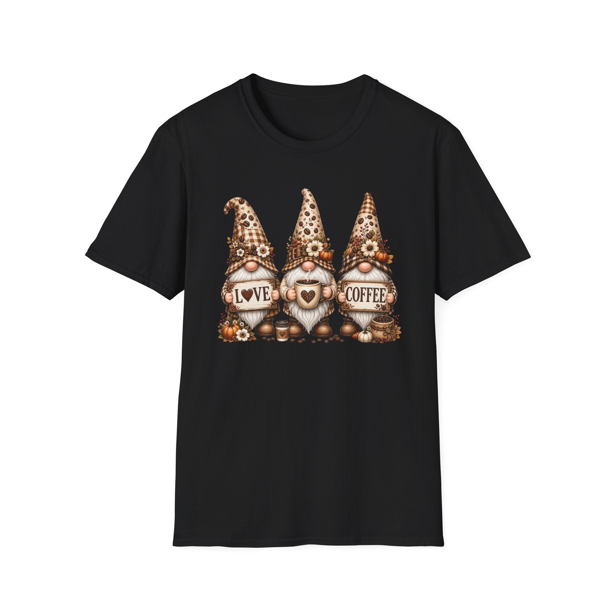 Coffee Gnome Trio T‑Shirt — Love Coffee Cute Autumn Gnomes Graphic Tee