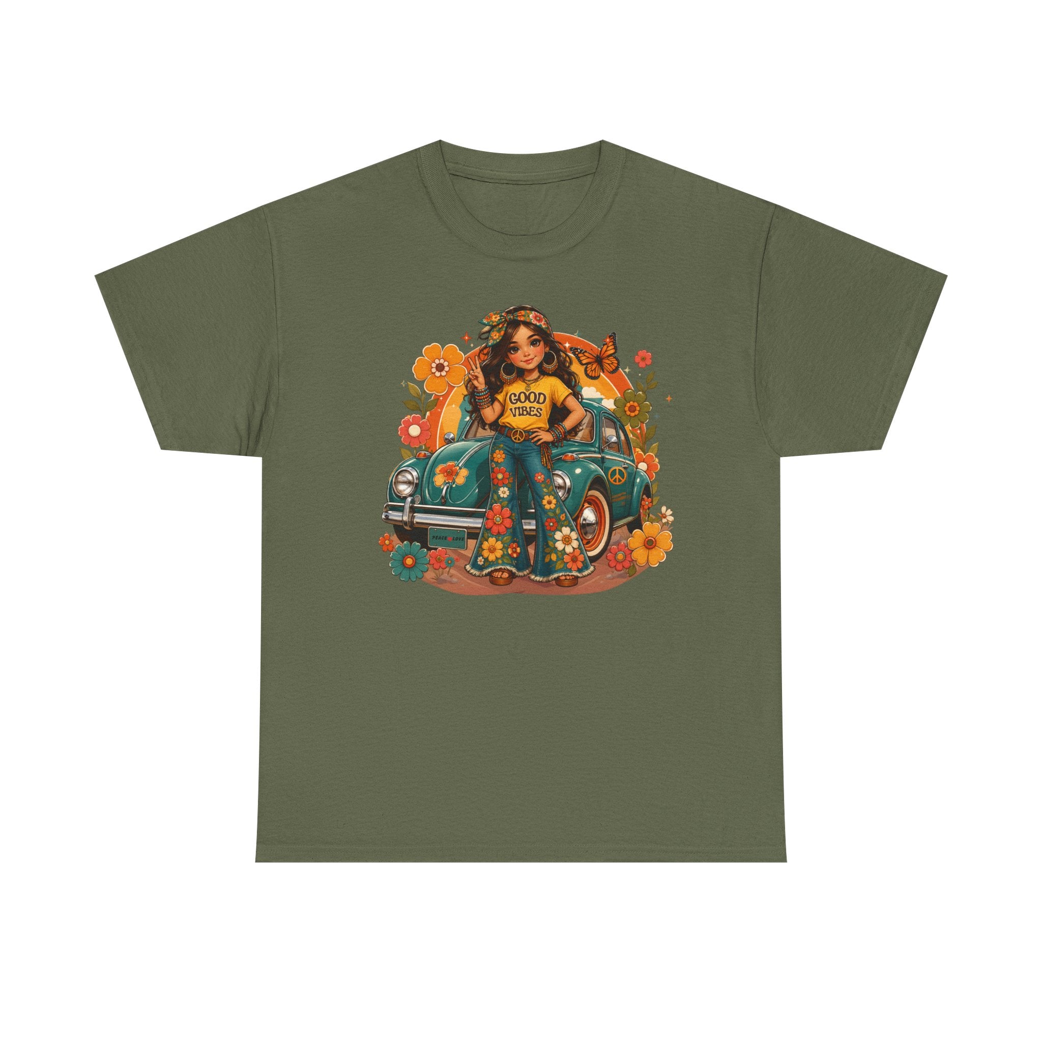 Vintage Floral Hippie Tee – "Good Vibes" Girl in Classic Car