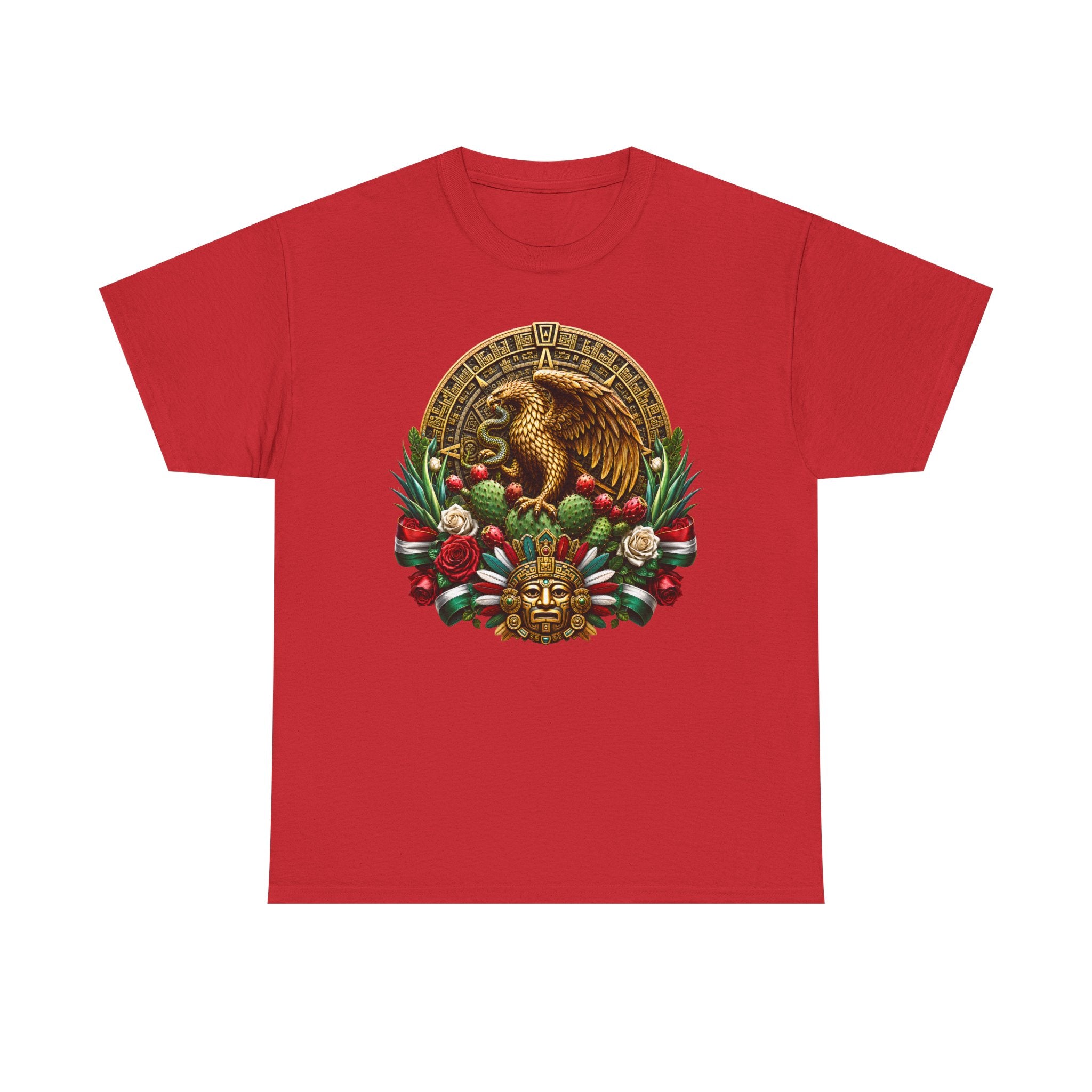Aztec Eagle Crest T-Shirt — Mexican Heritage Calendar & Floral Graphic Tee