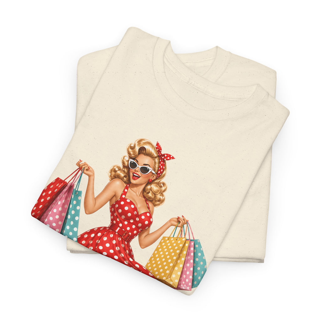 Pinup Shopper Graphic Tee — Retro 1950s Vintage Woman with Shopping Bags