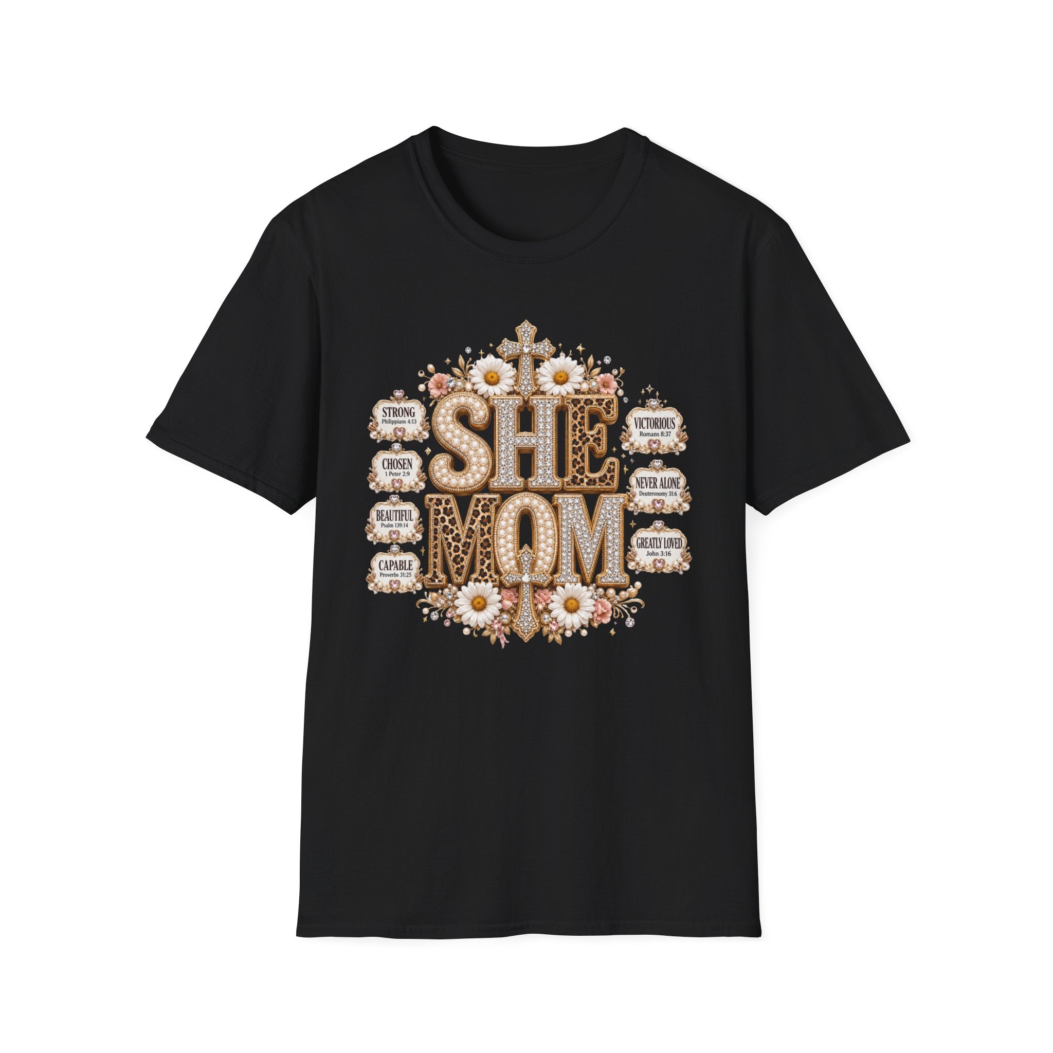 She Mom Floral Leopard Cross T‑Shirt — Mother’s Day Christian Mama Tee