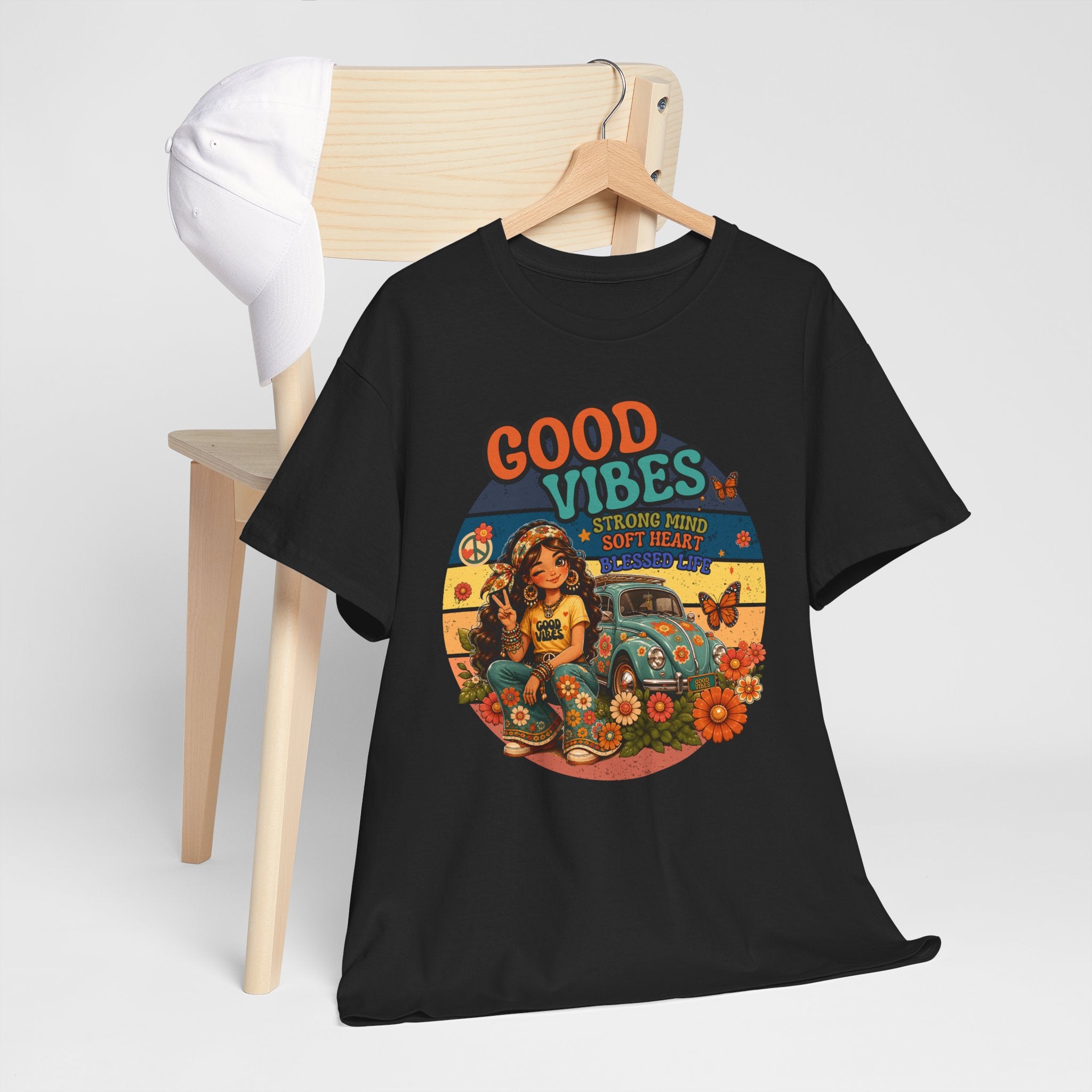 Good Vibes Vintage Tee – Retro Hippie Car & Flowers Graphic T‑Shirt