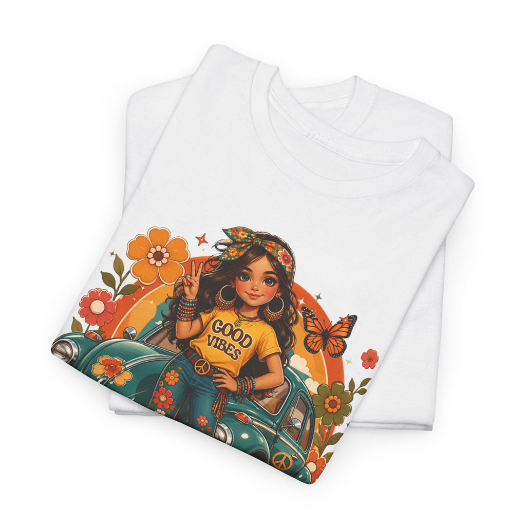 Vintage Floral Hippie Tee – "Good Vibes" Girl in Classic Car
