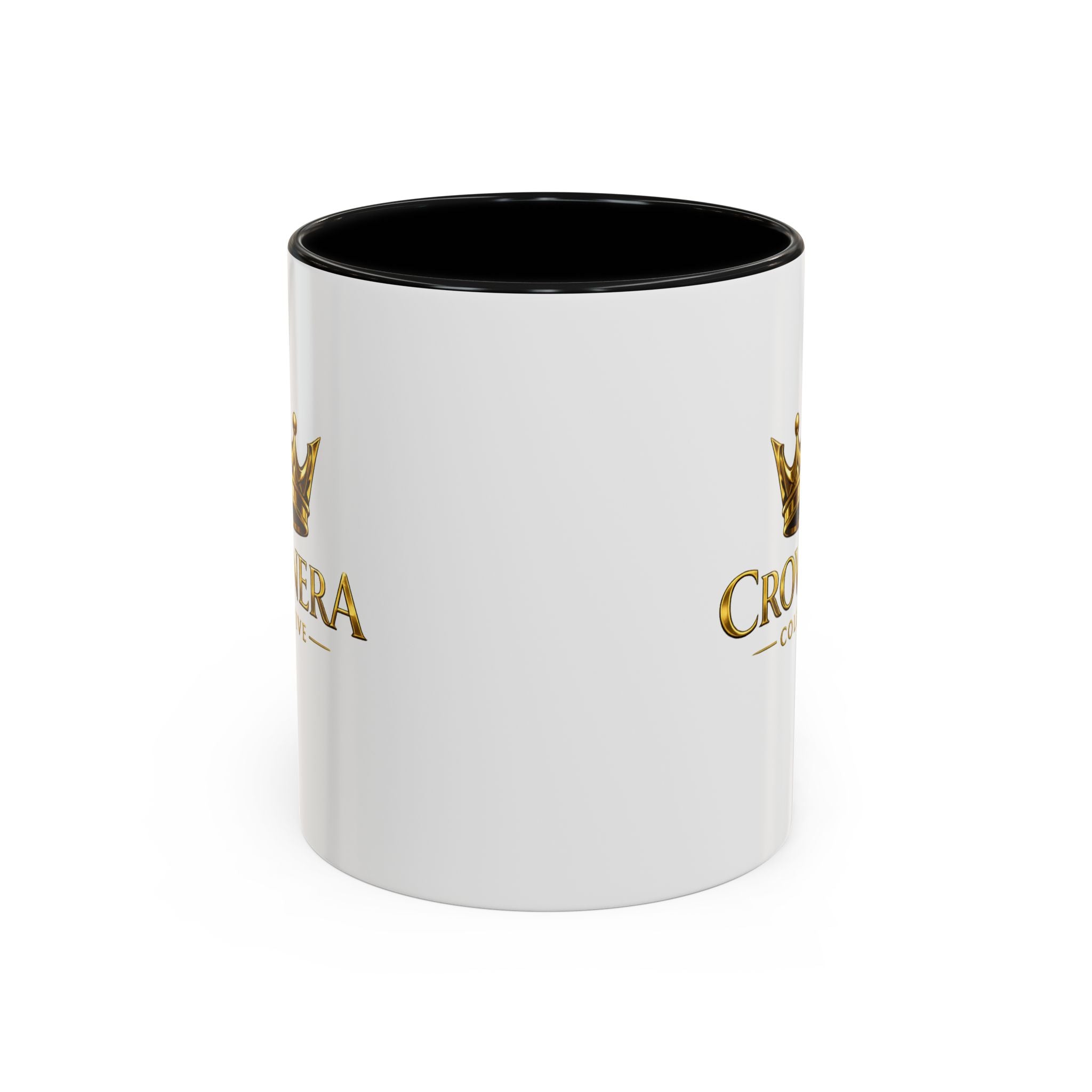 CrownNera Logo Accent Coffee Mug — 11/15oz White Mug with Black Handle & Inner