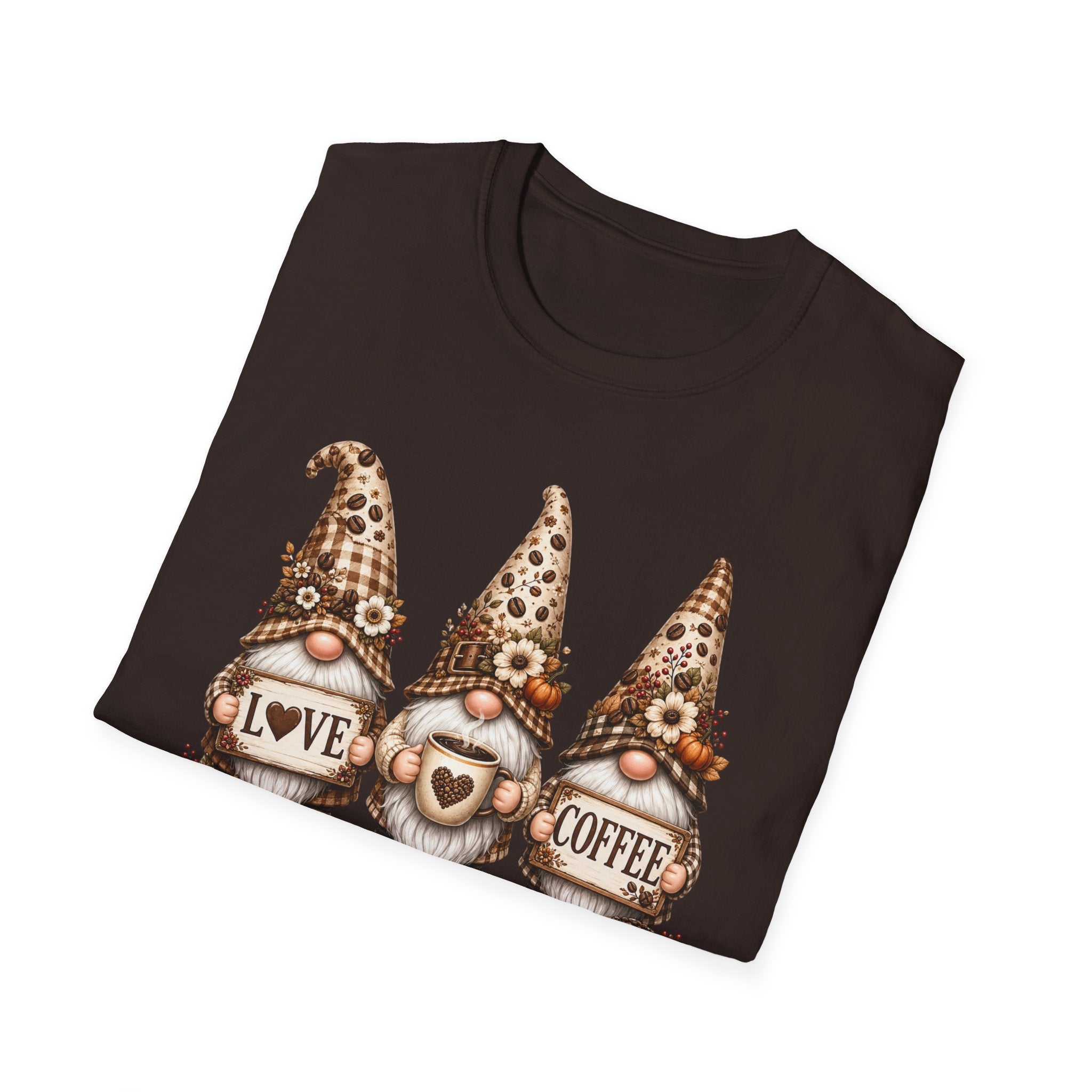 Coffee Gnome Trio T‑Shirt — Love Coffee Cute Autumn Gnomes Graphic Tee