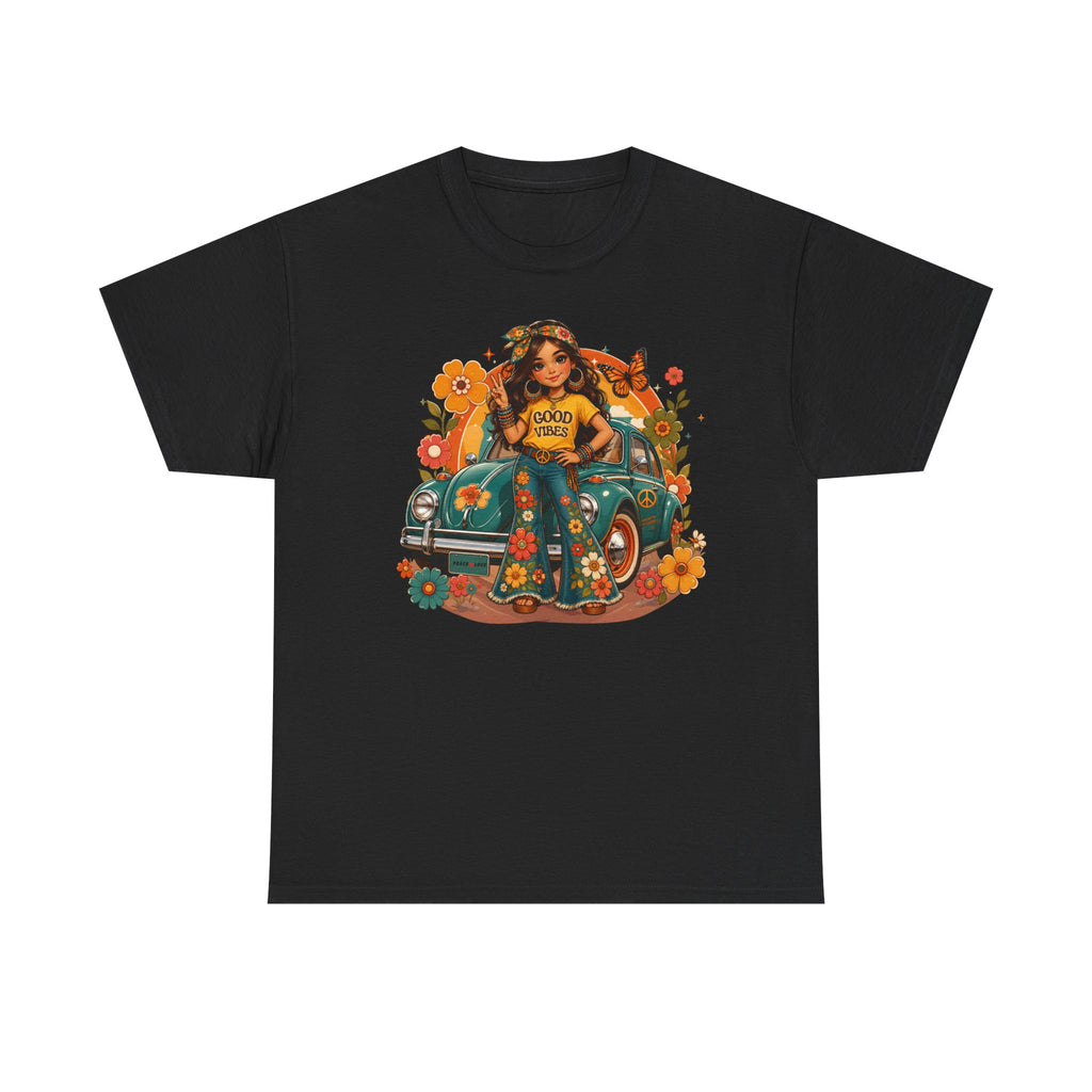 Vintage Floral Hippie Tee – "Good Vibes" Girl in Classic Car