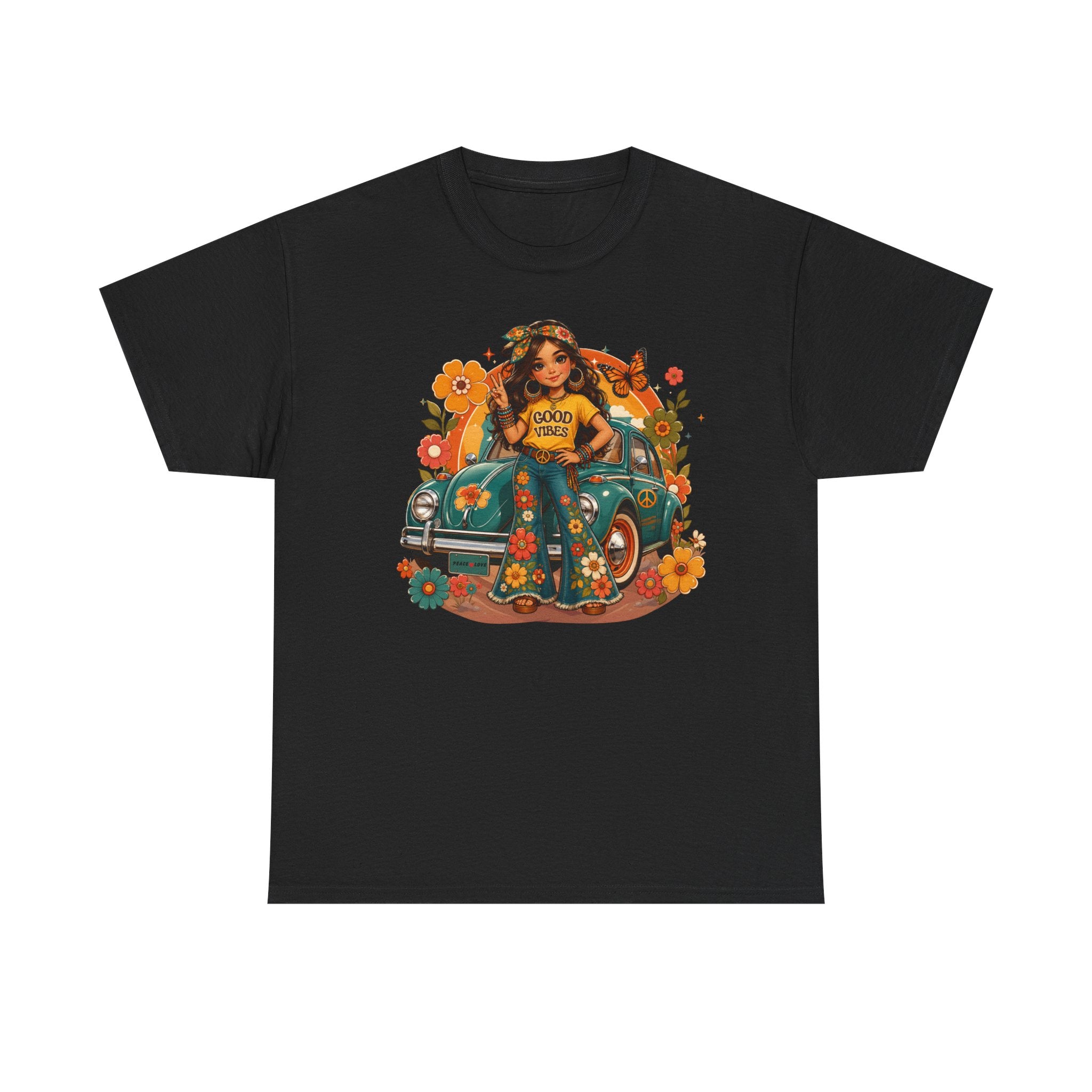 Vintage Floral Hippie Tee – "Good Vibes" Girl in Classic Car