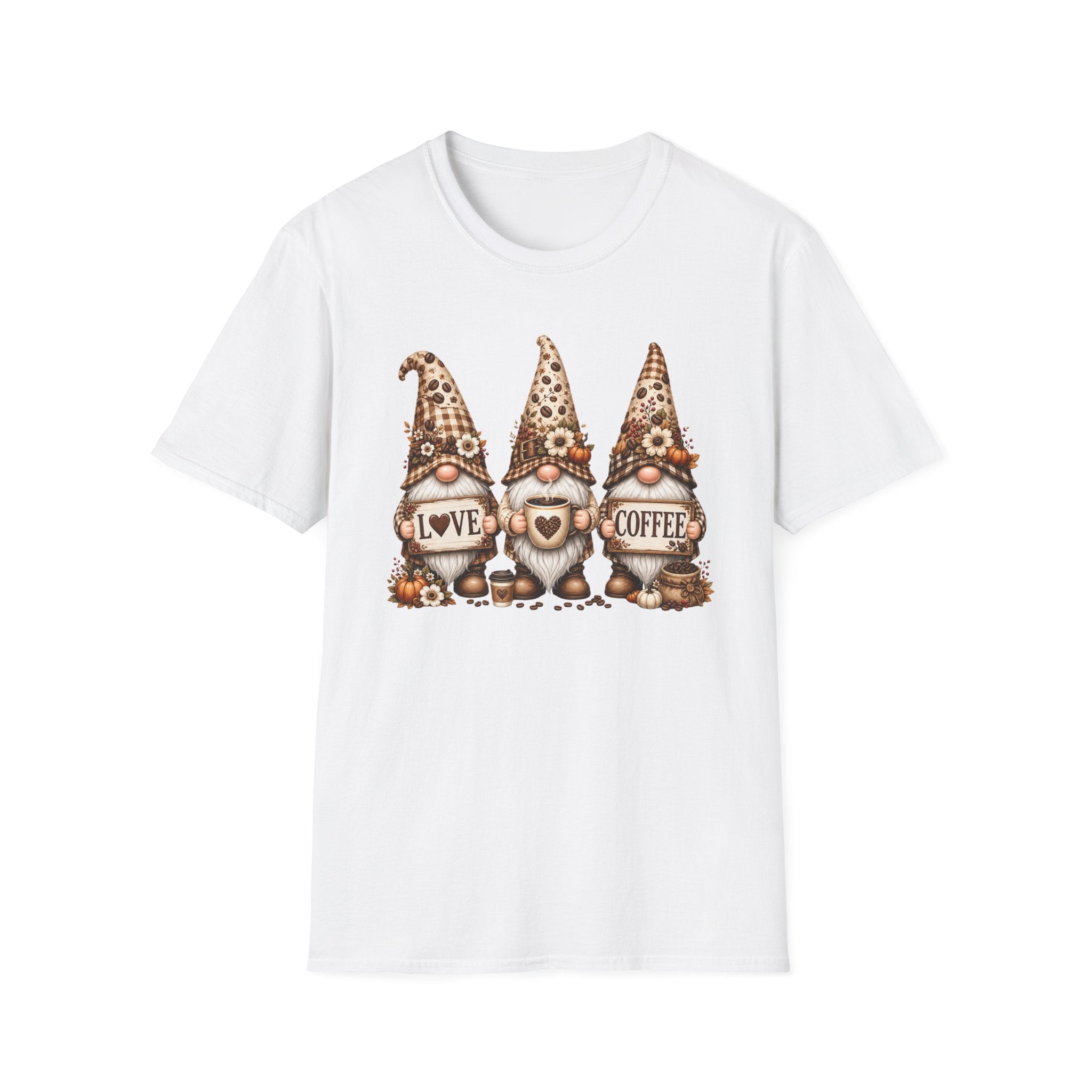 Coffee Gnome Trio T‑Shirt — Love Coffee Cute Autumn Gnomes Graphic Tee