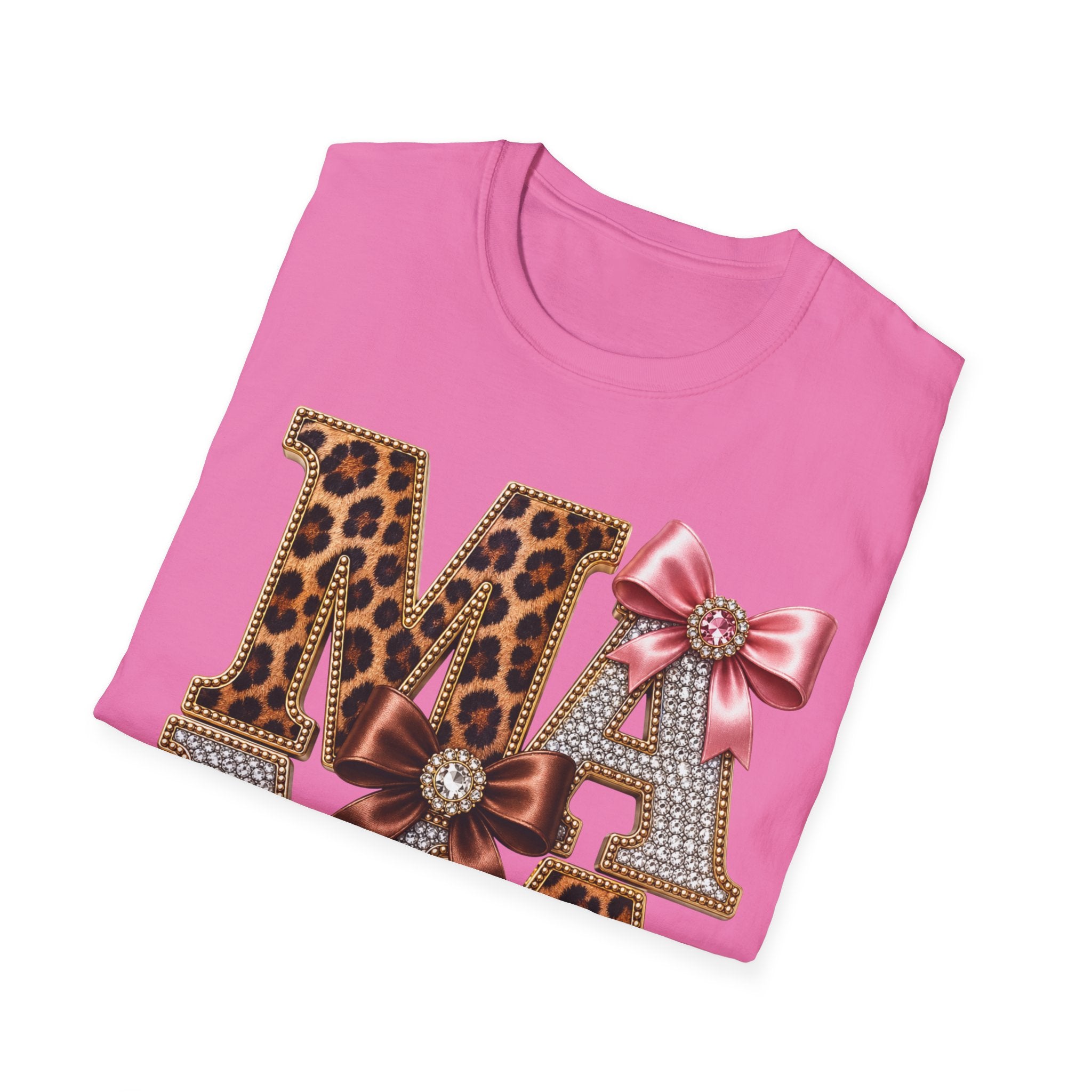 Mama Leopard & Bow T-Shirt — Sparkle Rhinestone Floral Mom Tee