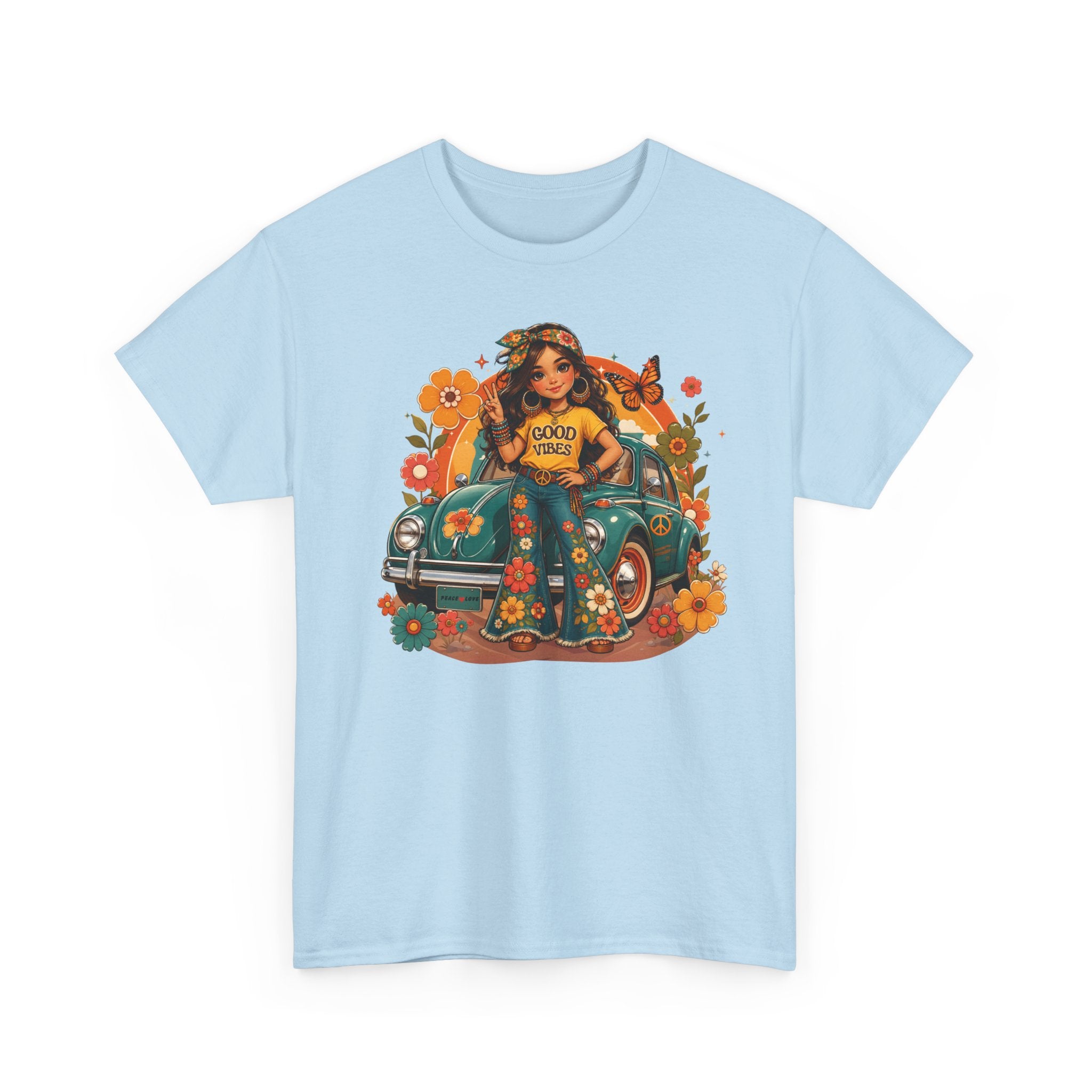 Vintage Floral Hippie Tee – "Good Vibes" Girl in Classic Car
