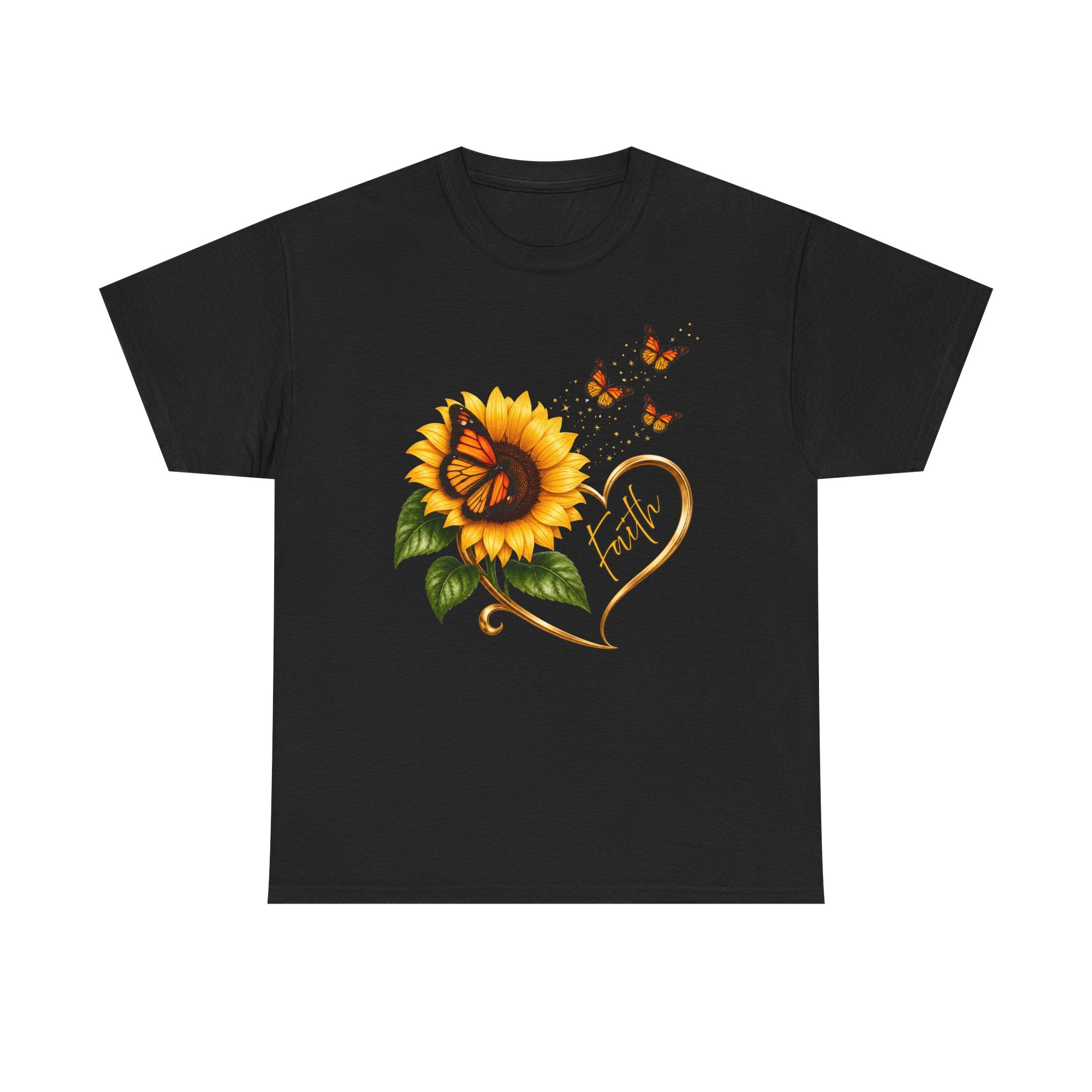 Sunflower & Monarch Butterfly Tee with "Faith" Heart — Inspirational Floral T-Shirt