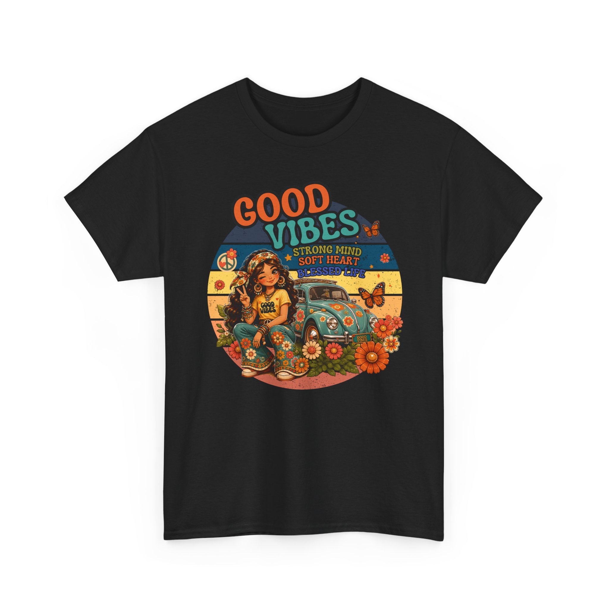 Good Vibes Vintage Tee – Retro Hippie Car & Flowers Graphic T‑Shirt