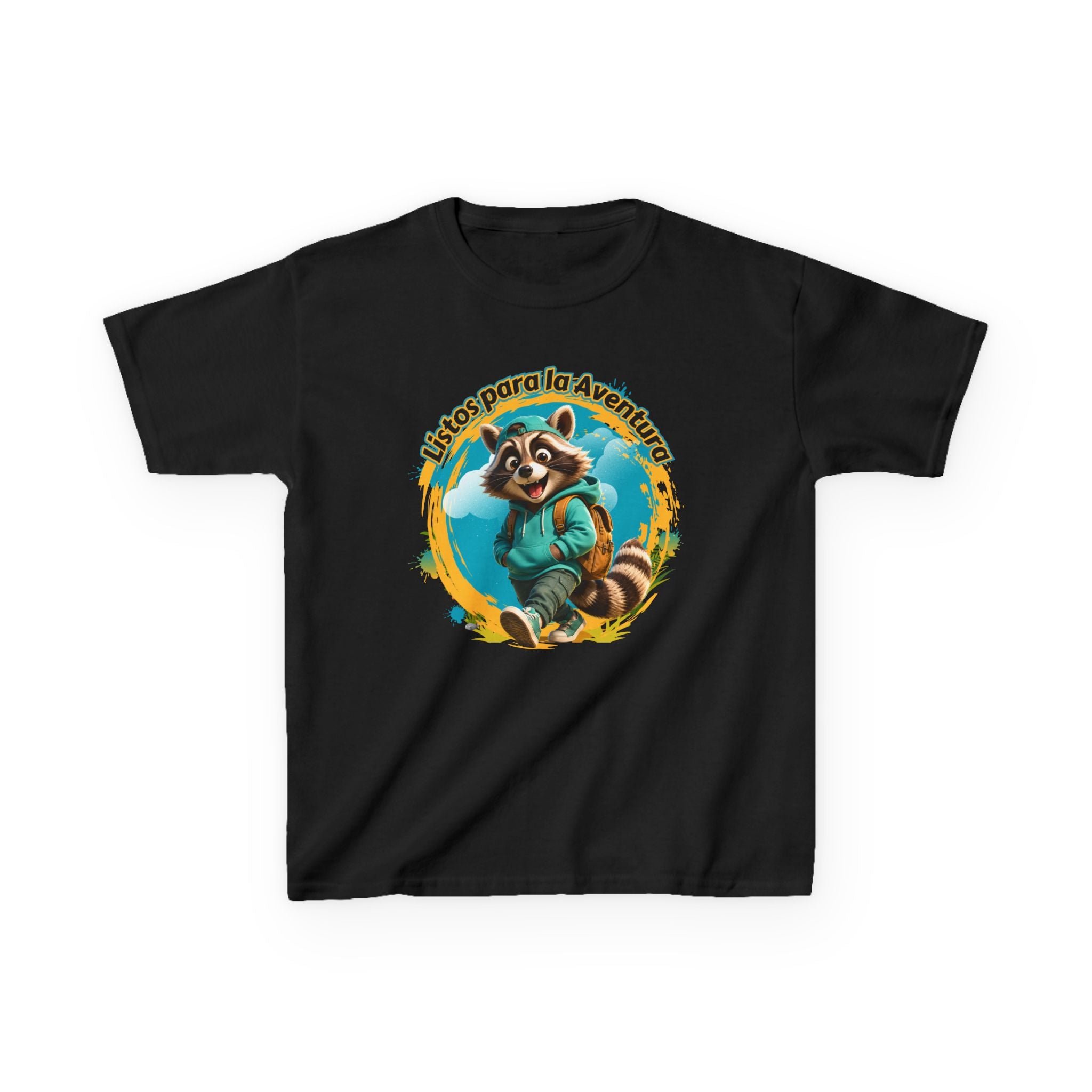 Kids Tee — "Listos para la Aventura" Cute Raccoon Explorer Graphic