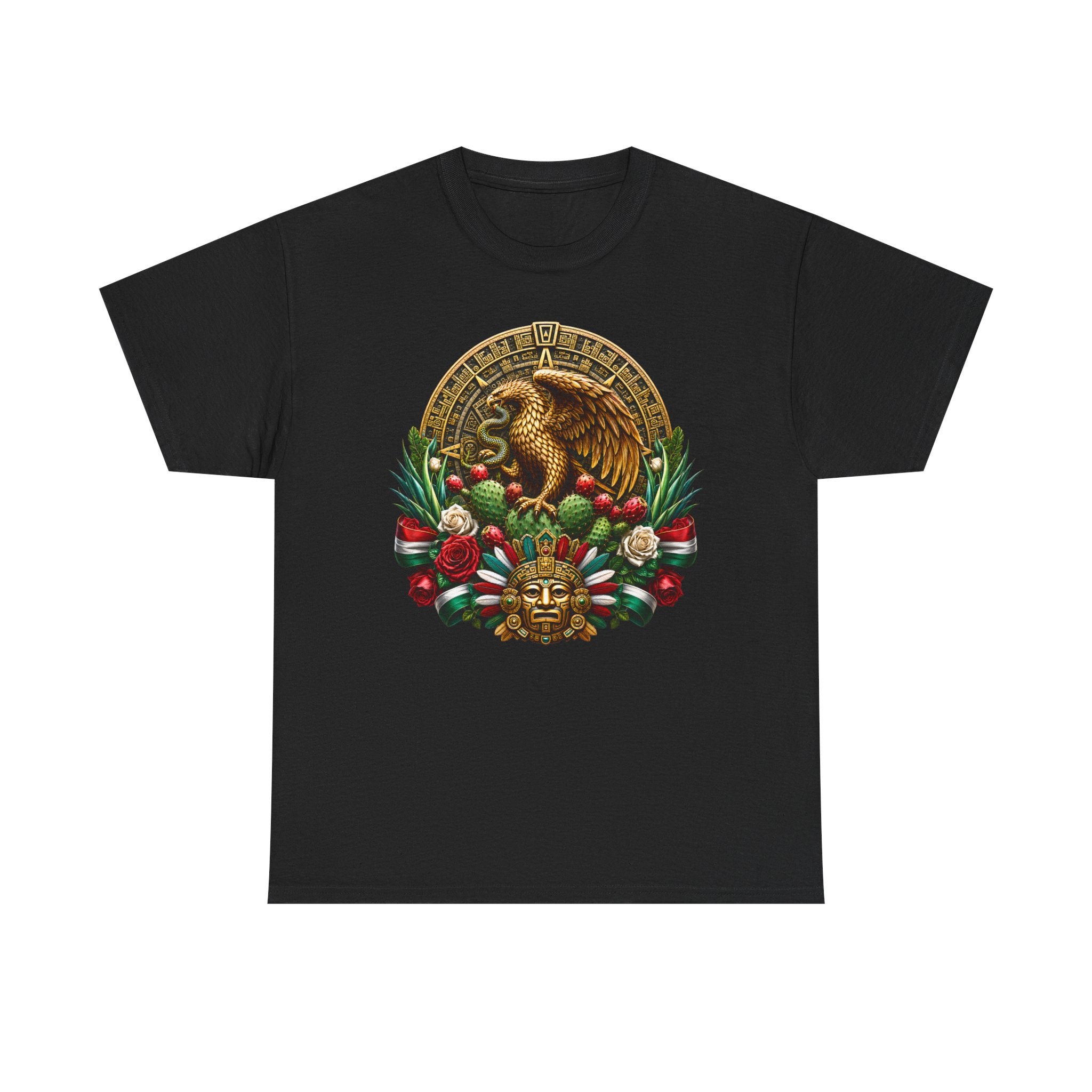 Aztec Eagle Crest T-Shirt — Mexican Heritage Calendar & Floral Graphic Tee