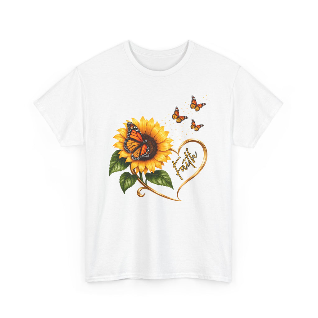 Sunflower & Monarch Butterfly Tee with "Faith" Heart — Inspirational Floral T-Shirt