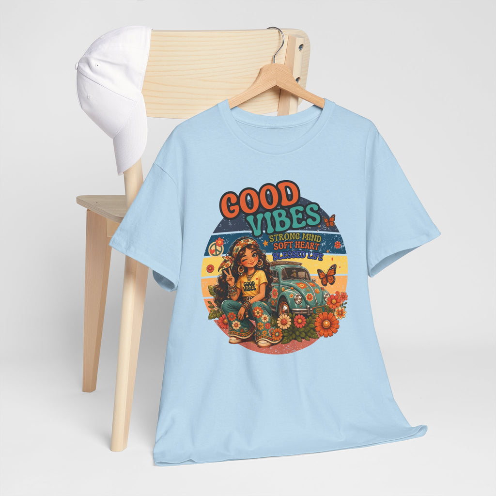 Good Vibes Vintage Tee – Retro Hippie Car & Flowers Graphic T‑Shirt