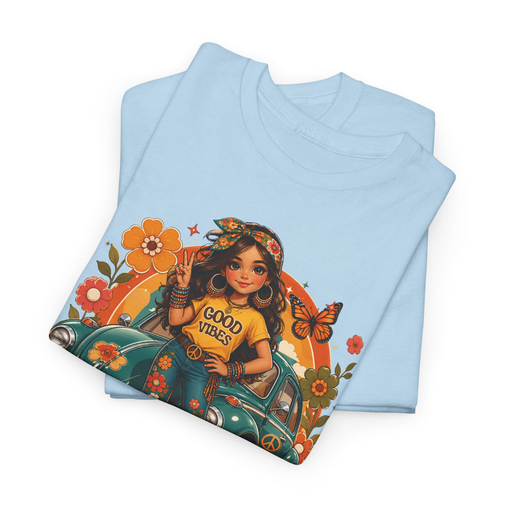 Vintage Floral Hippie Tee – "Good Vibes" Girl in Classic Car