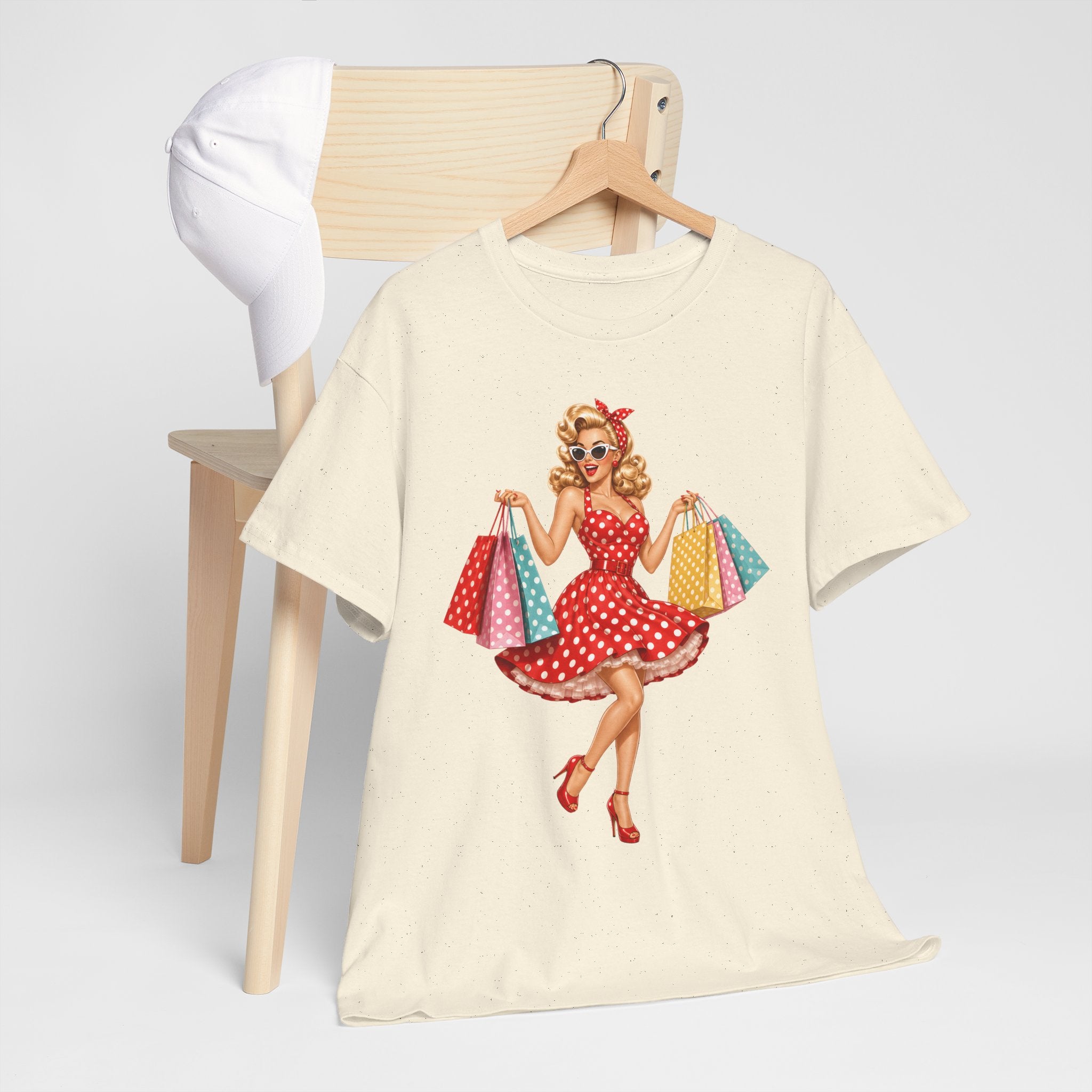 Pinup Shopper Graphic Tee — Retro 1950s Vintage Woman with Shopping Bags