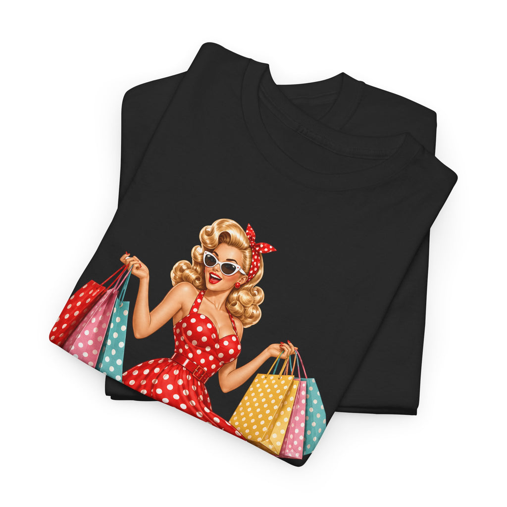 Pinup Shopper Graphic Tee — Retro 1950s Vintage Woman with Shopping Bags