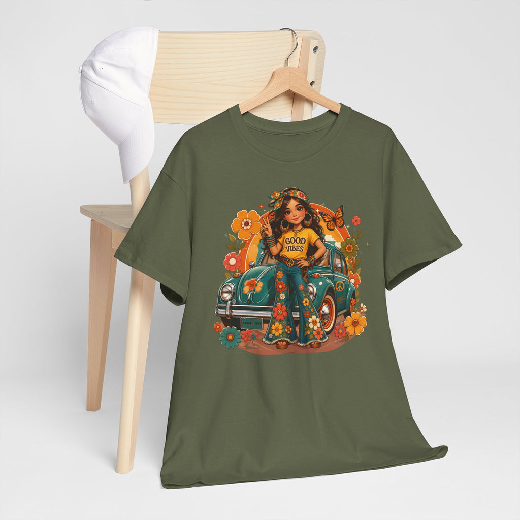 Vintage Floral Hippie Tee – "Good Vibes" Girl in Classic Car