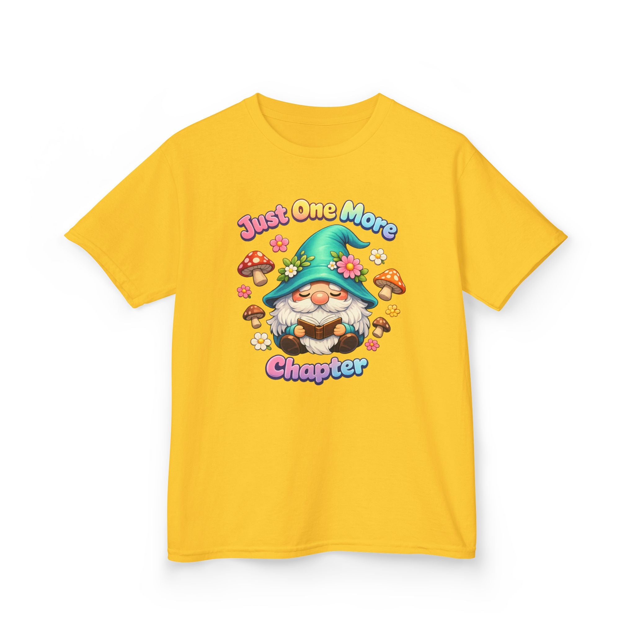 Kids Tee — "Just One More Chapter" Cute Mushroom Gnome Reading Shirt