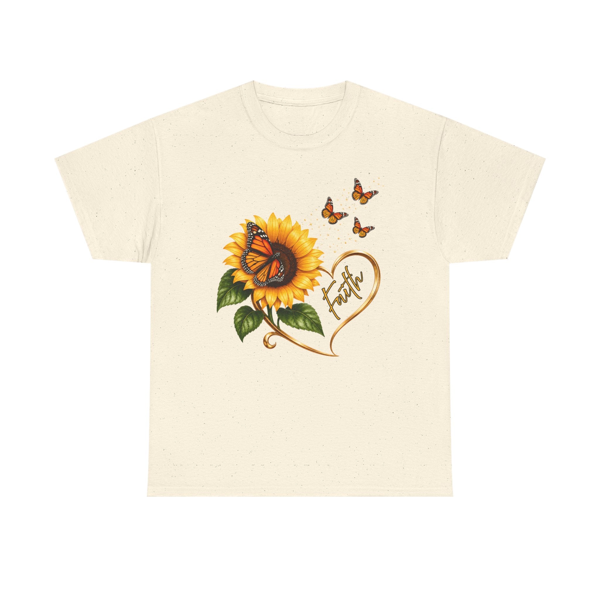 Sunflower & Monarch Butterfly Tee with "Faith" Heart — Inspirational Floral T-Shirt