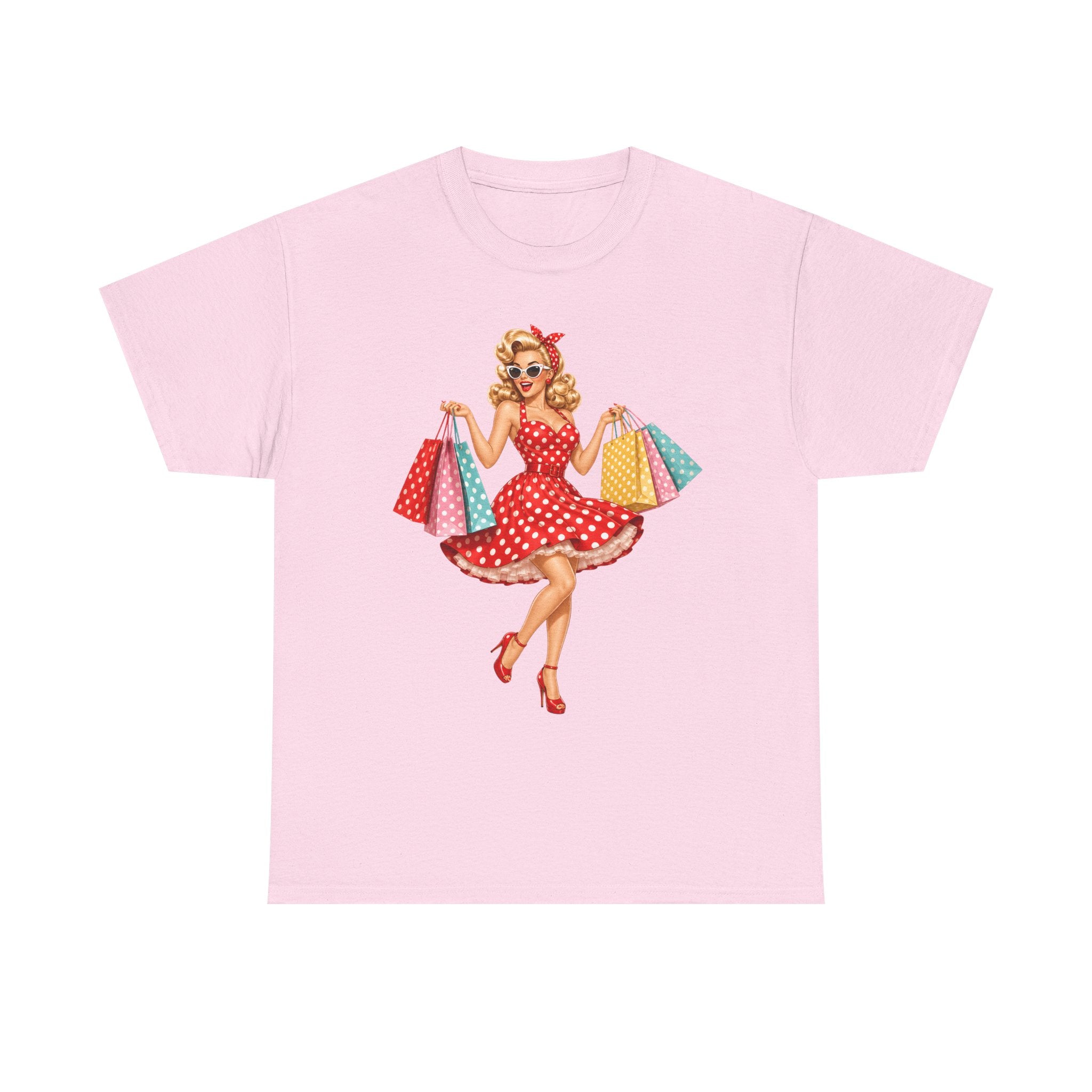 Pinup Shopper Graphic Tee — Retro 1950s Vintage Woman with Shopping Bags